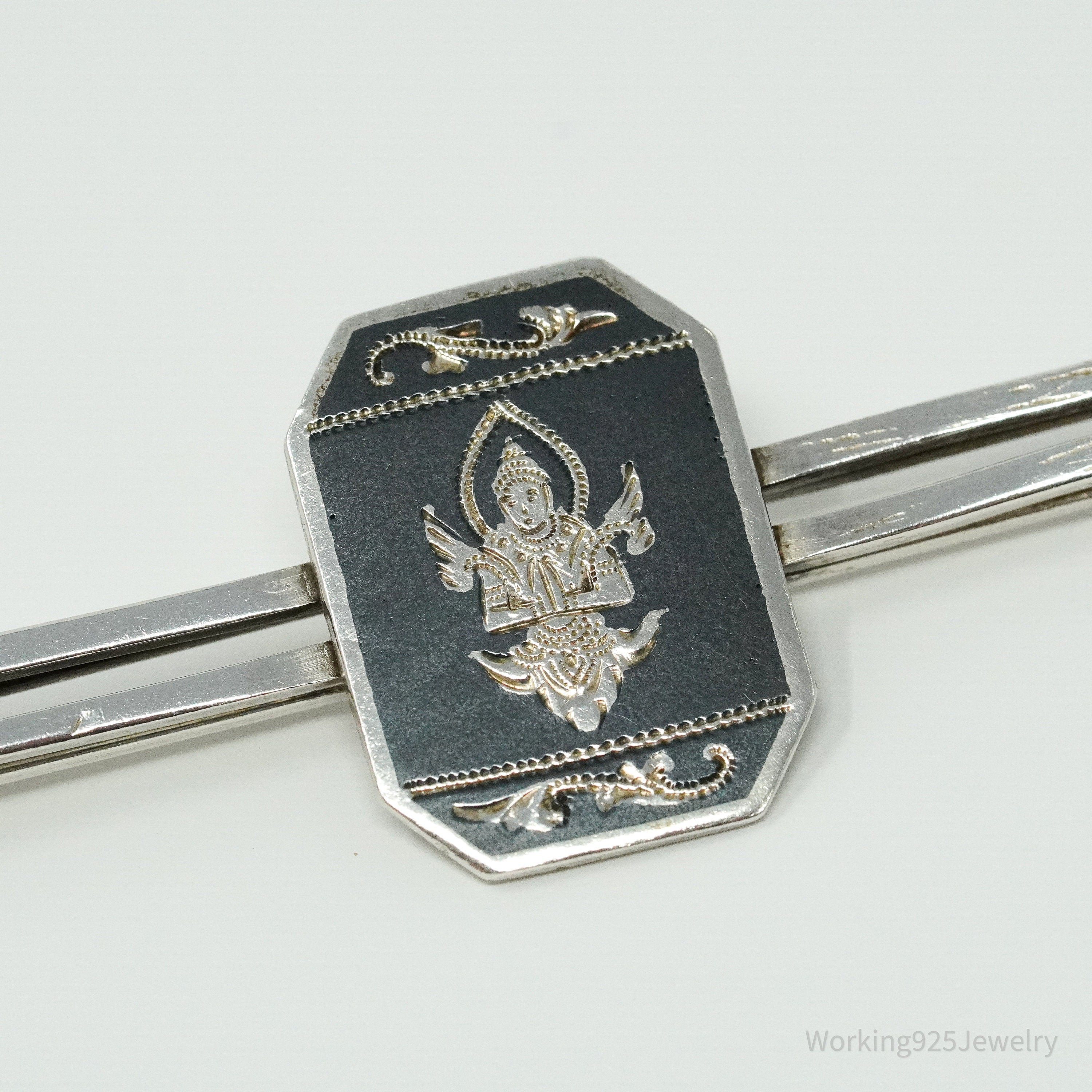 Vintage SIAM Thai Nakon Black Enamel Silver Tie Clip Or Barrette