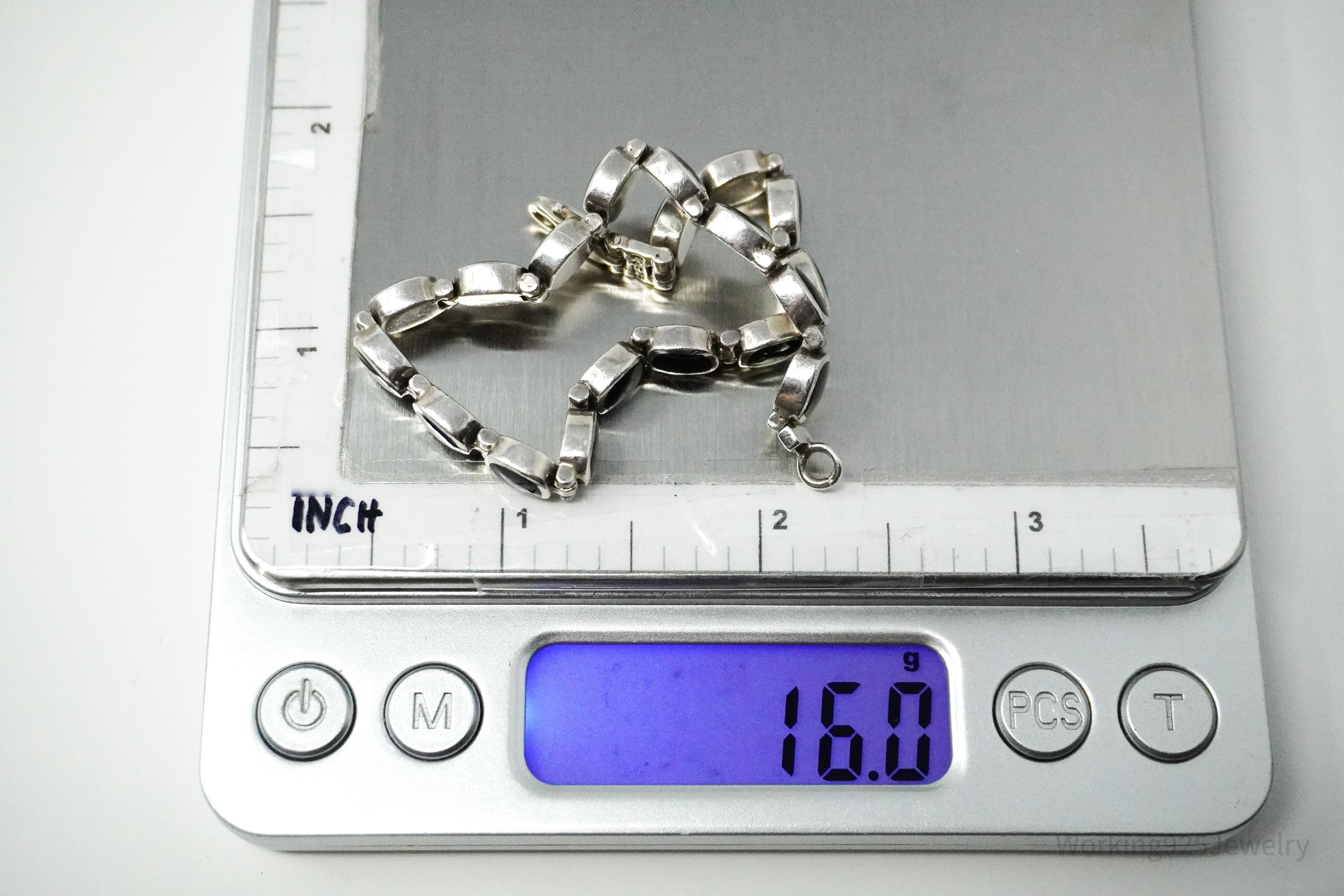 Vintage Southwestern Designer Peyote Bird Black Onyx Inlay Sterling Silver Bracelet 7.5