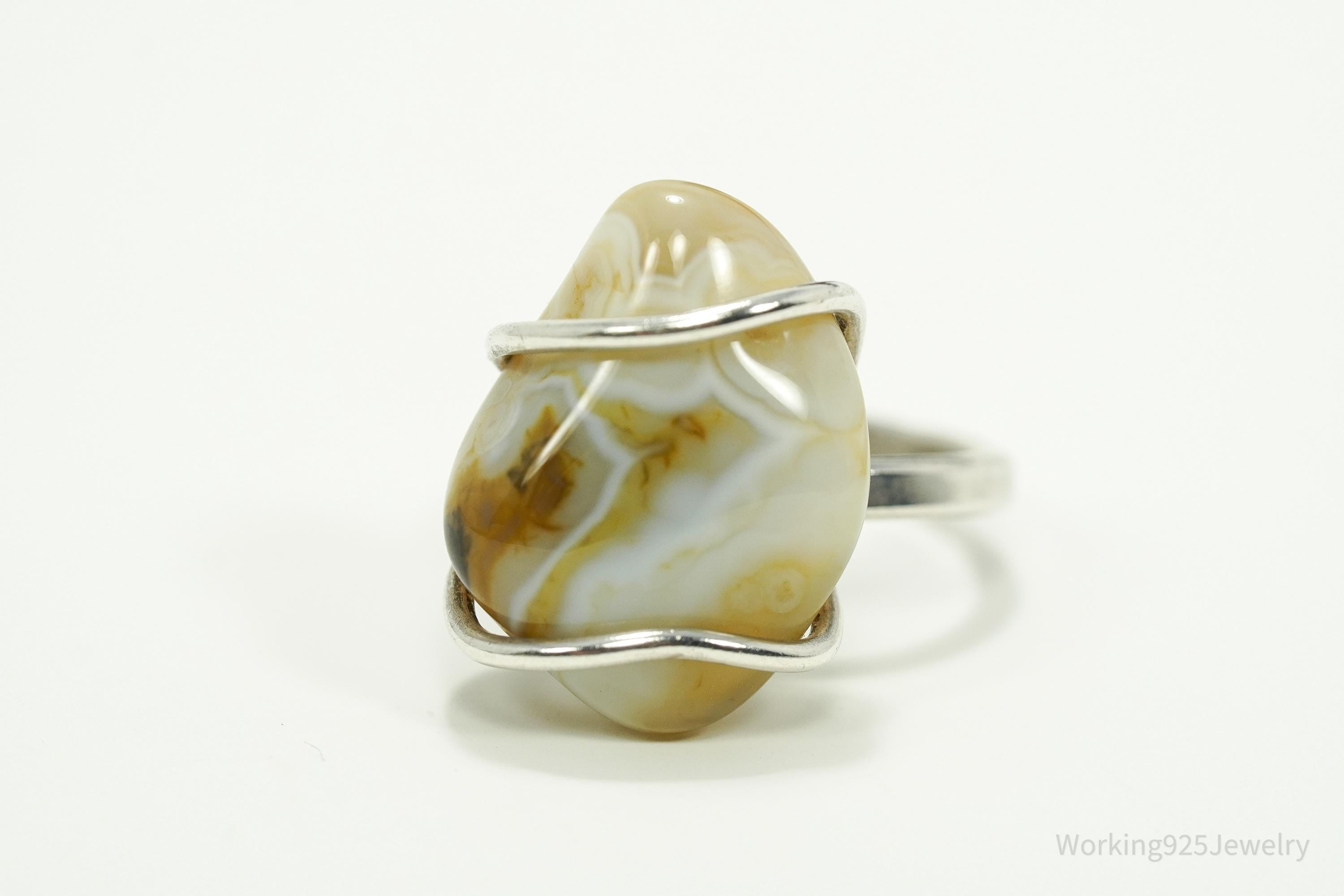 Vintage Lace Agate Silver Ring - Size 6