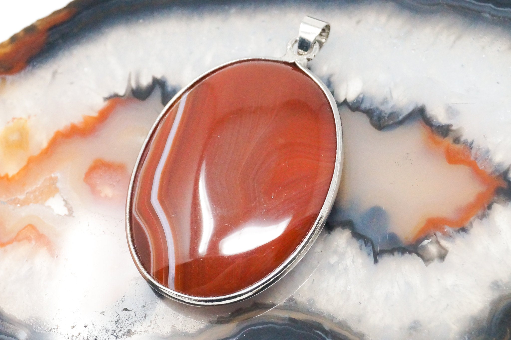 Vintage Large Red Lace Agate 18K White Gold Plated Sterling Silver Pendant