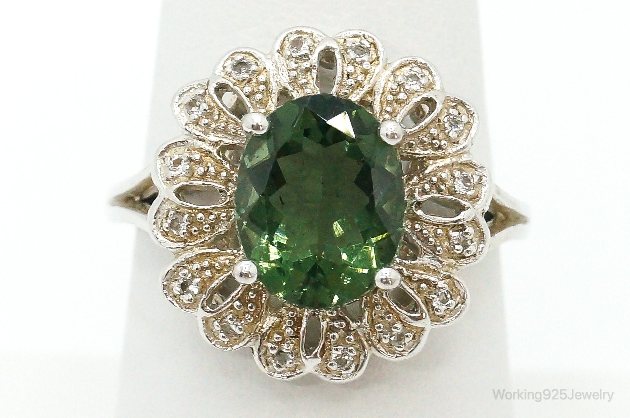 Vintage Peridot Cubic Zirconia Sterling Silver Ring - Size 7.25