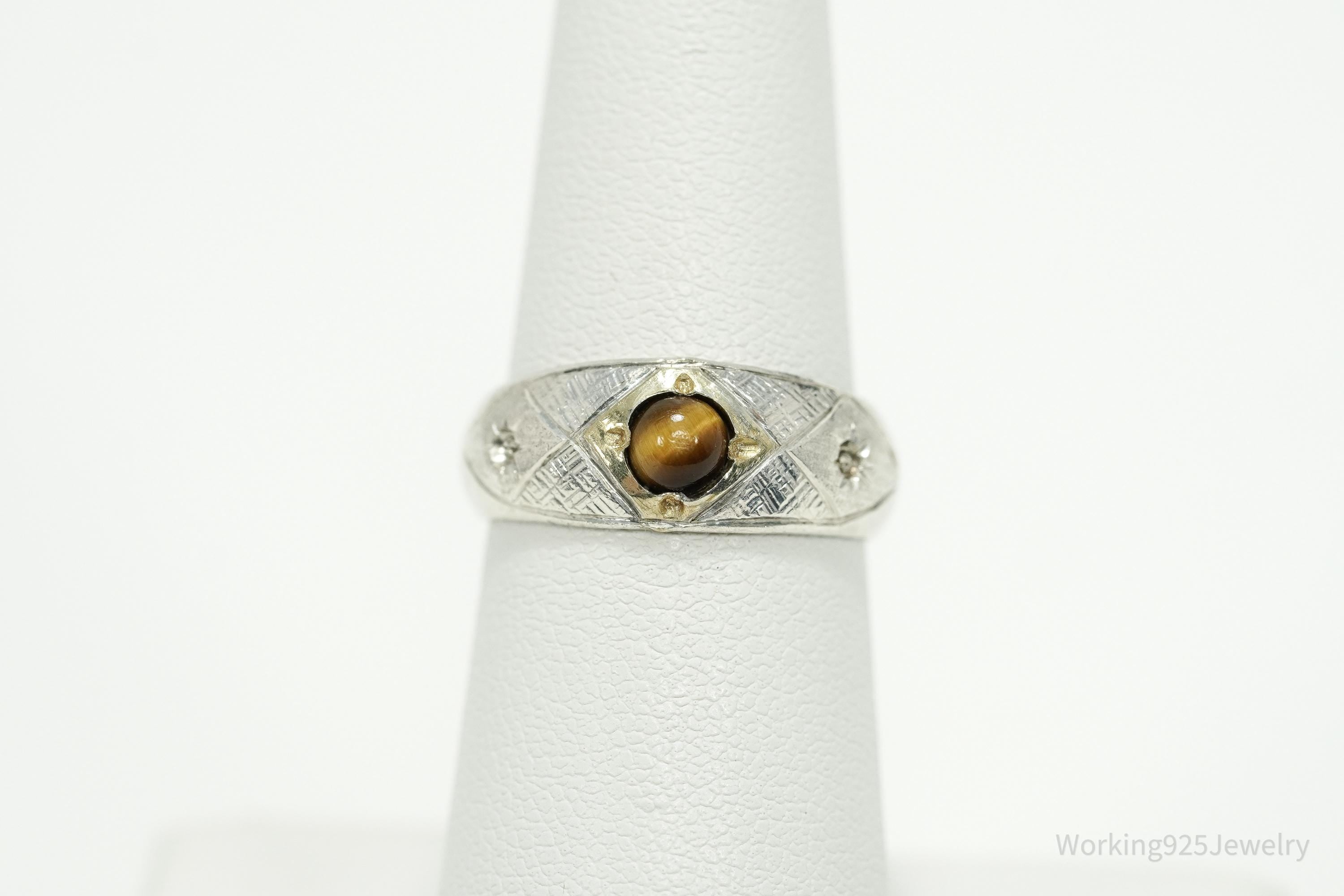 Antique Vintage Tigers Eye Gold Wash Silver Ring - Size 6.25