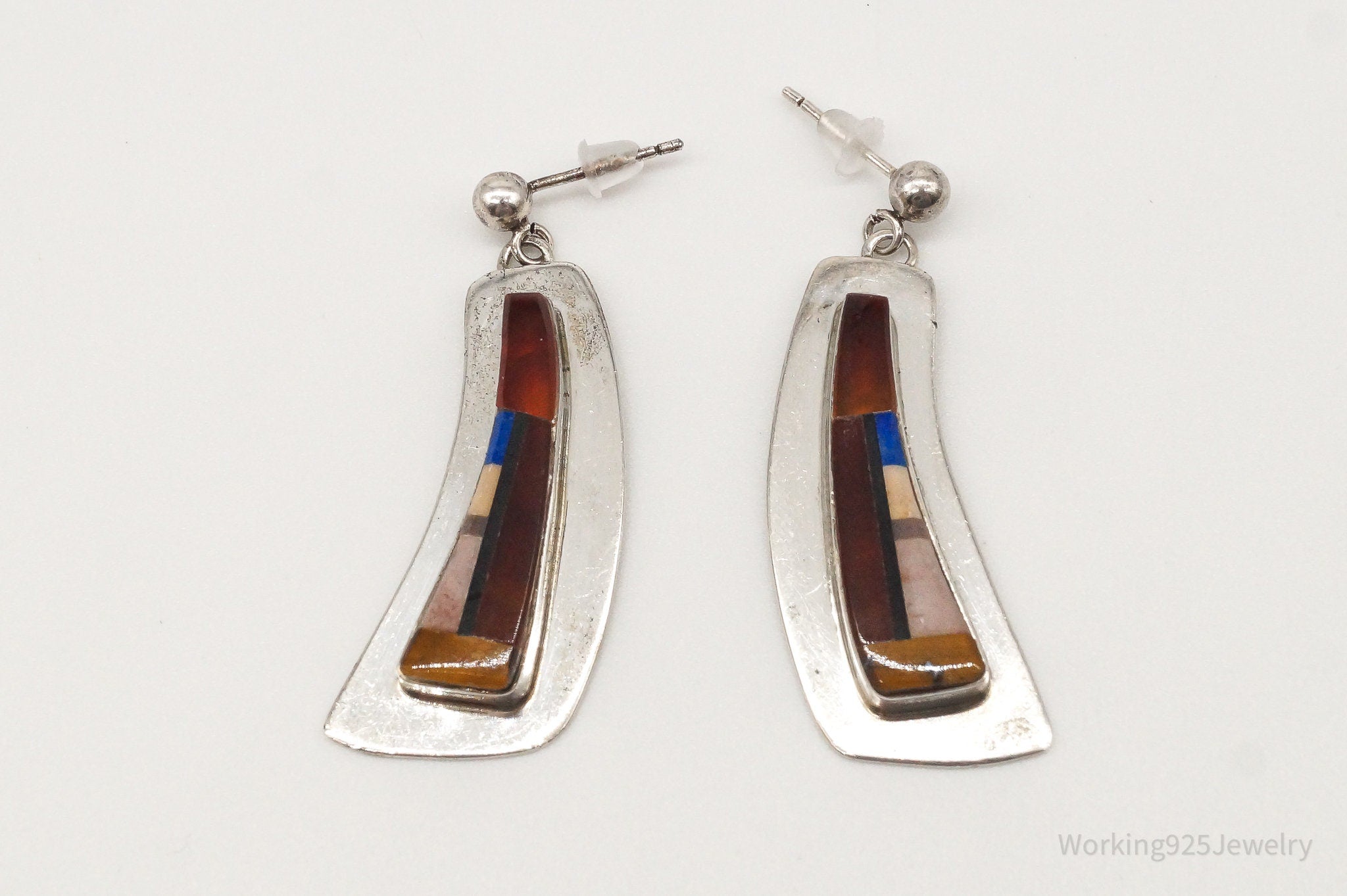 Vintage Native American Multi Gem Inlay Silver Earrings