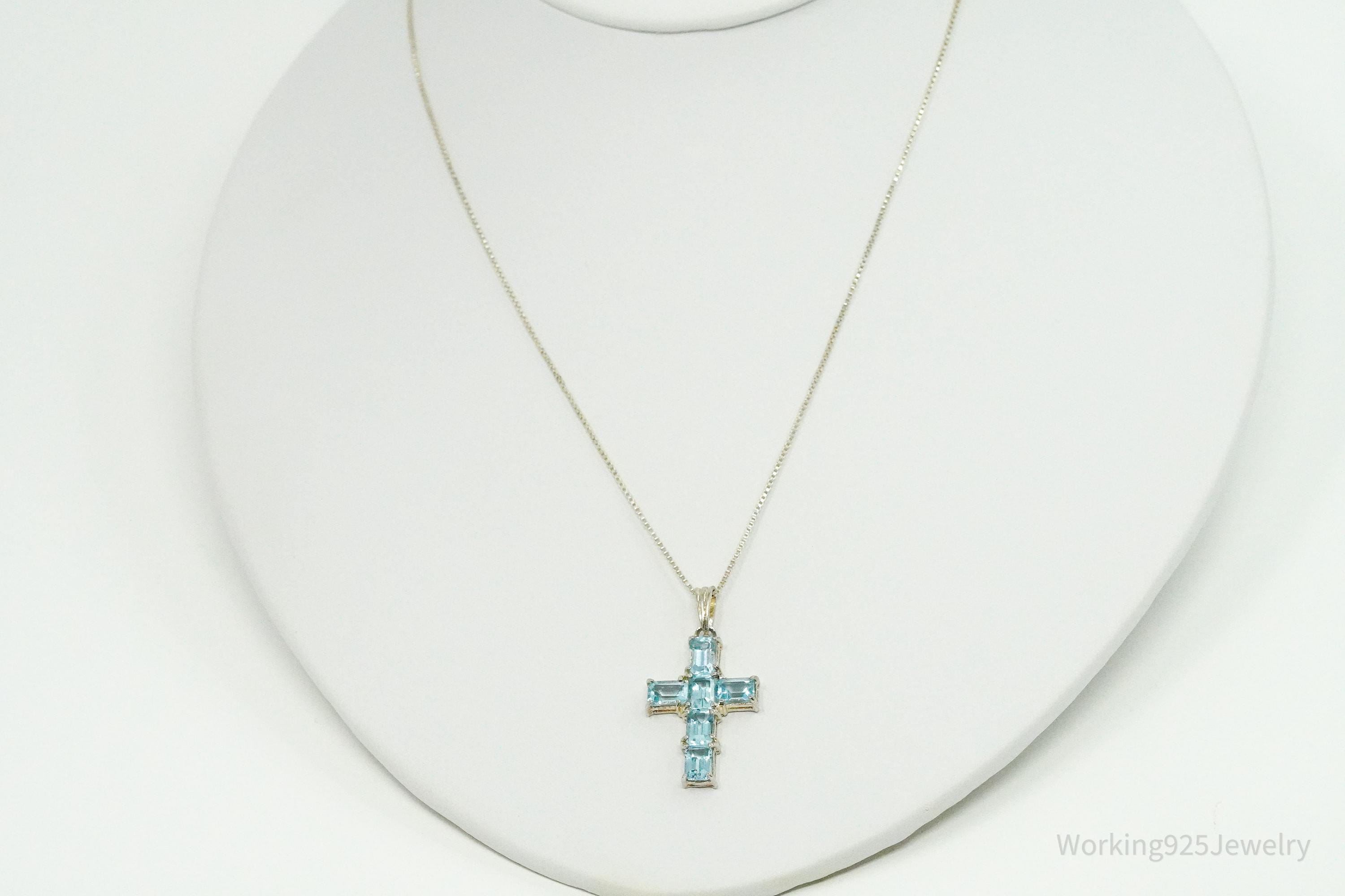 Vintage Blue Topaz Cross Sterling Silver Necklace 18"
