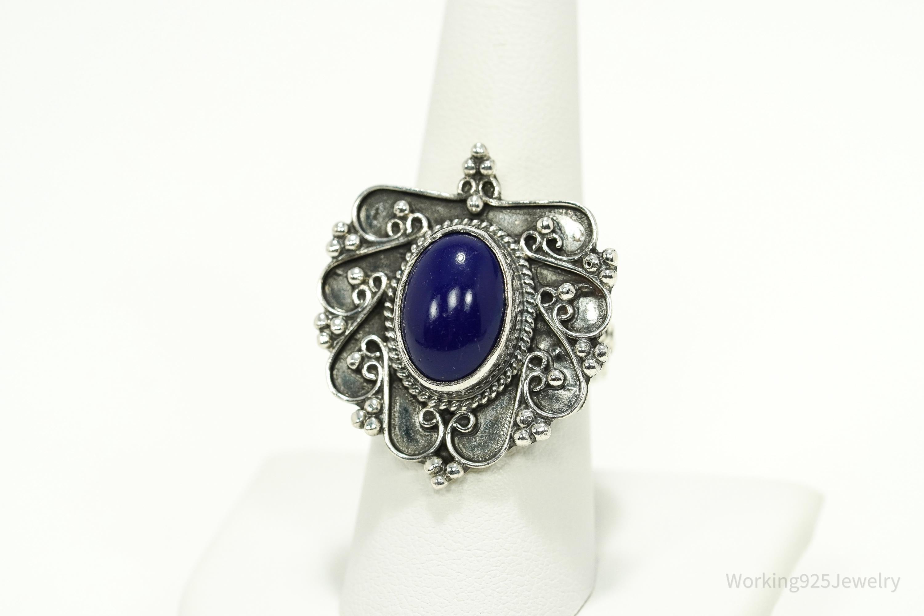 Vintage Egyptian Revival Style Blue Lapis Lazuli Silver Ring - Size 8.25