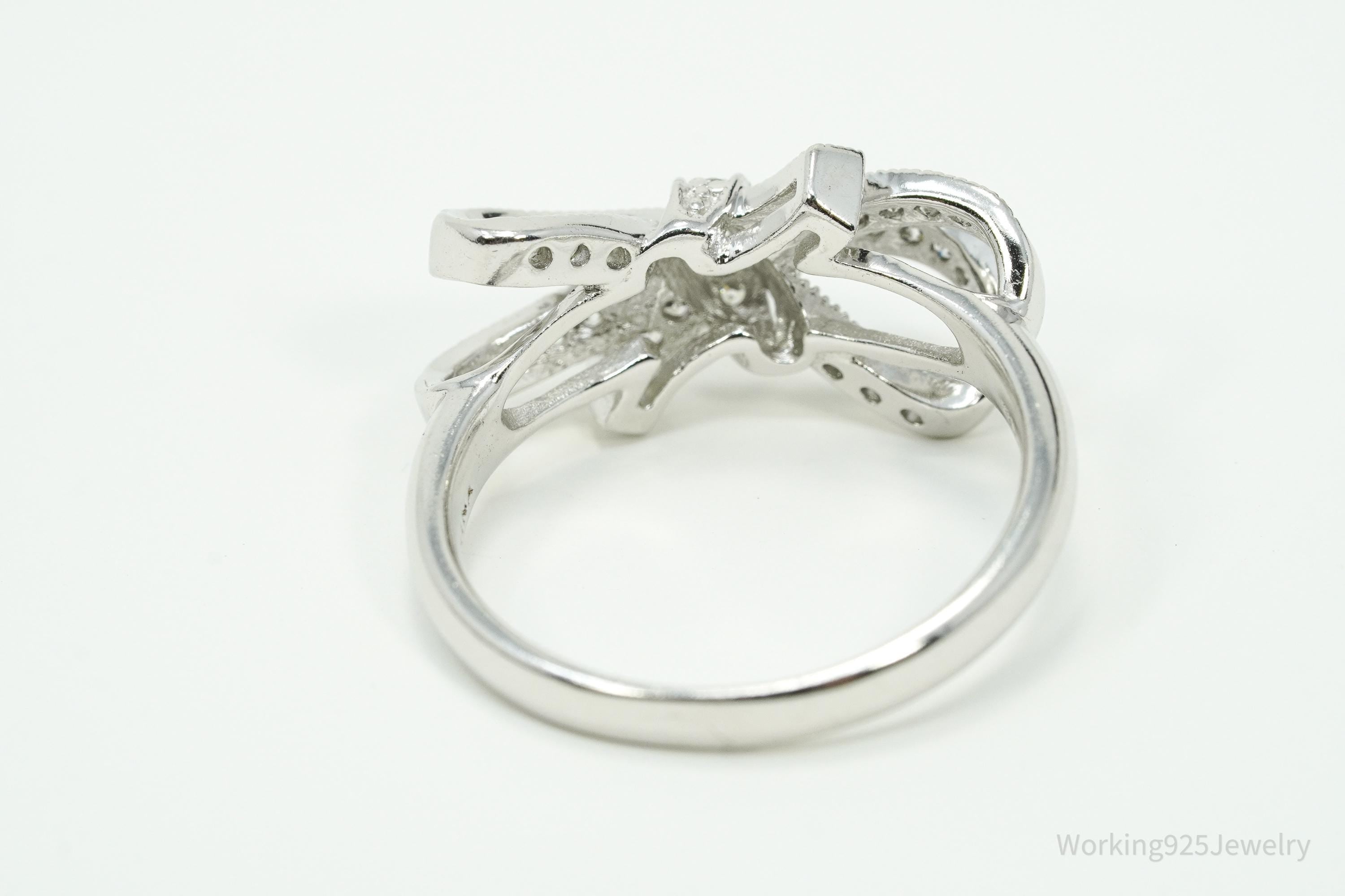 Vintage Cubic Zirconia Bow Sterling Silver Ring - Size 8.75