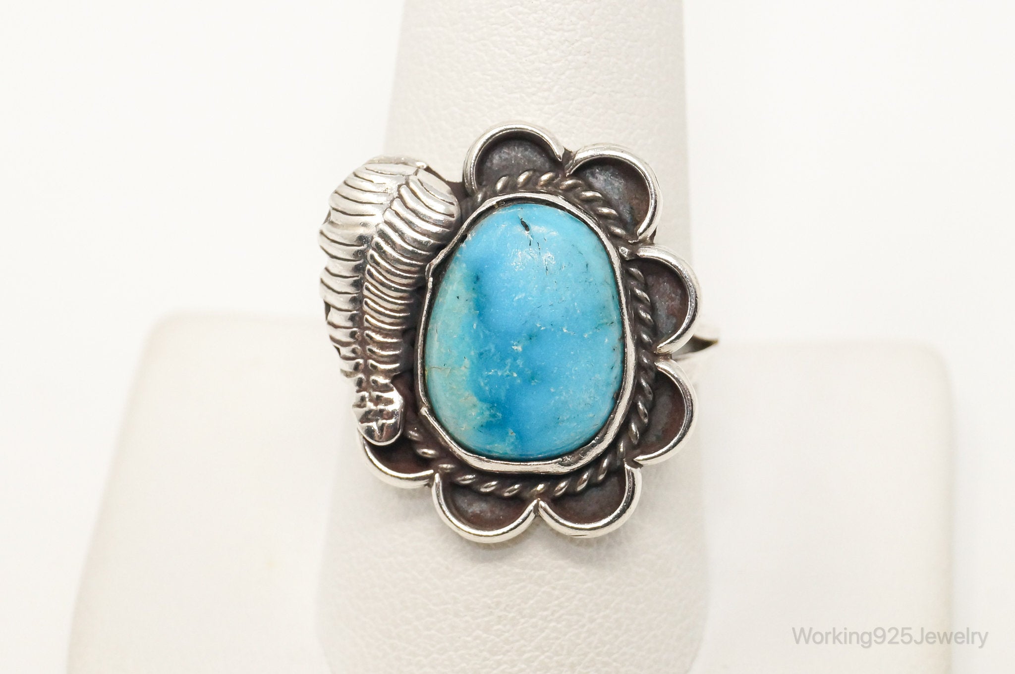 Vintage Native American Blue Turquoise Unsigned Sterling Silver Ring - Sz 9.25