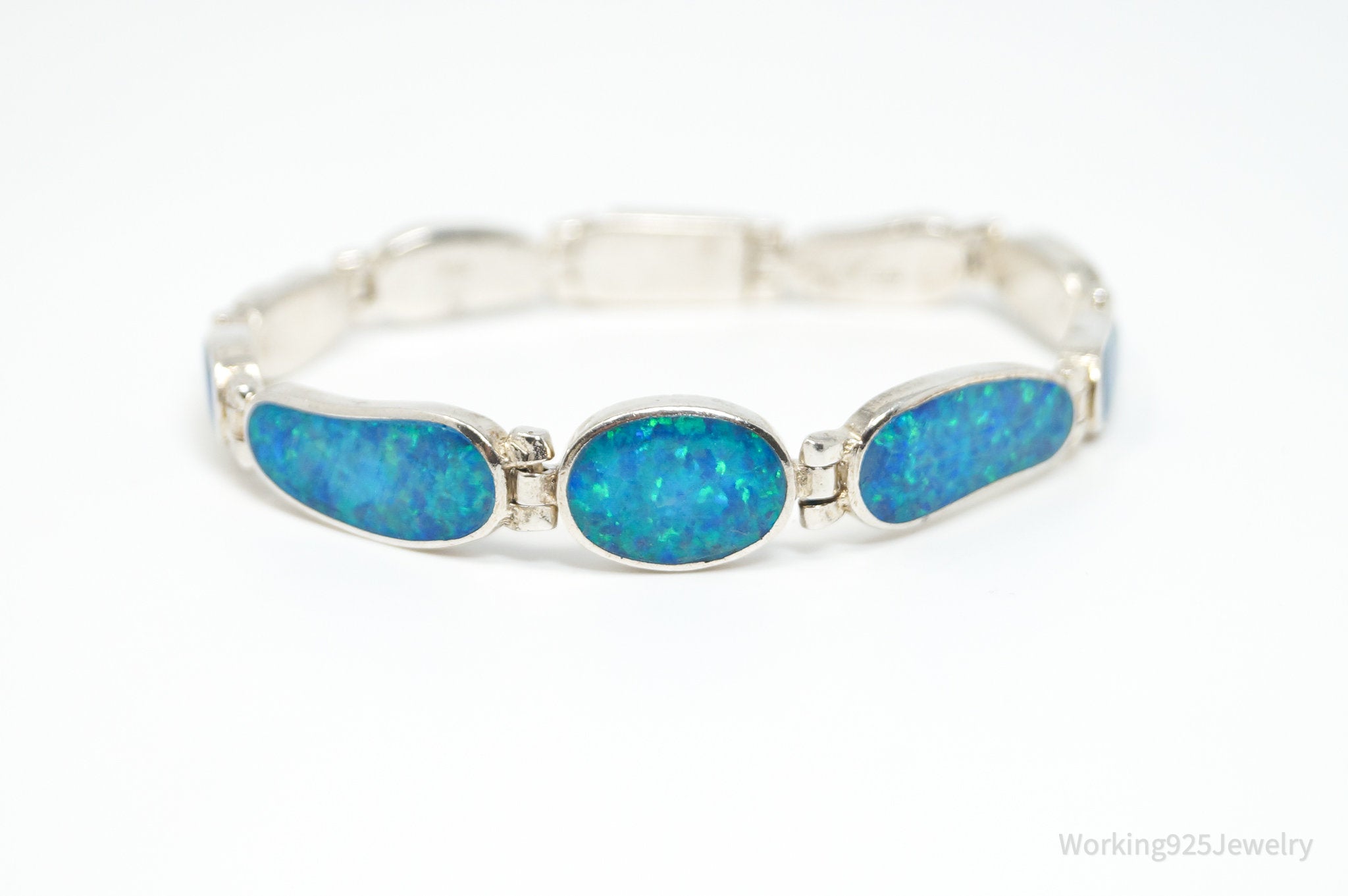 Vintage Synthetic Blue Fire Opal Sterling Silver Bracelet