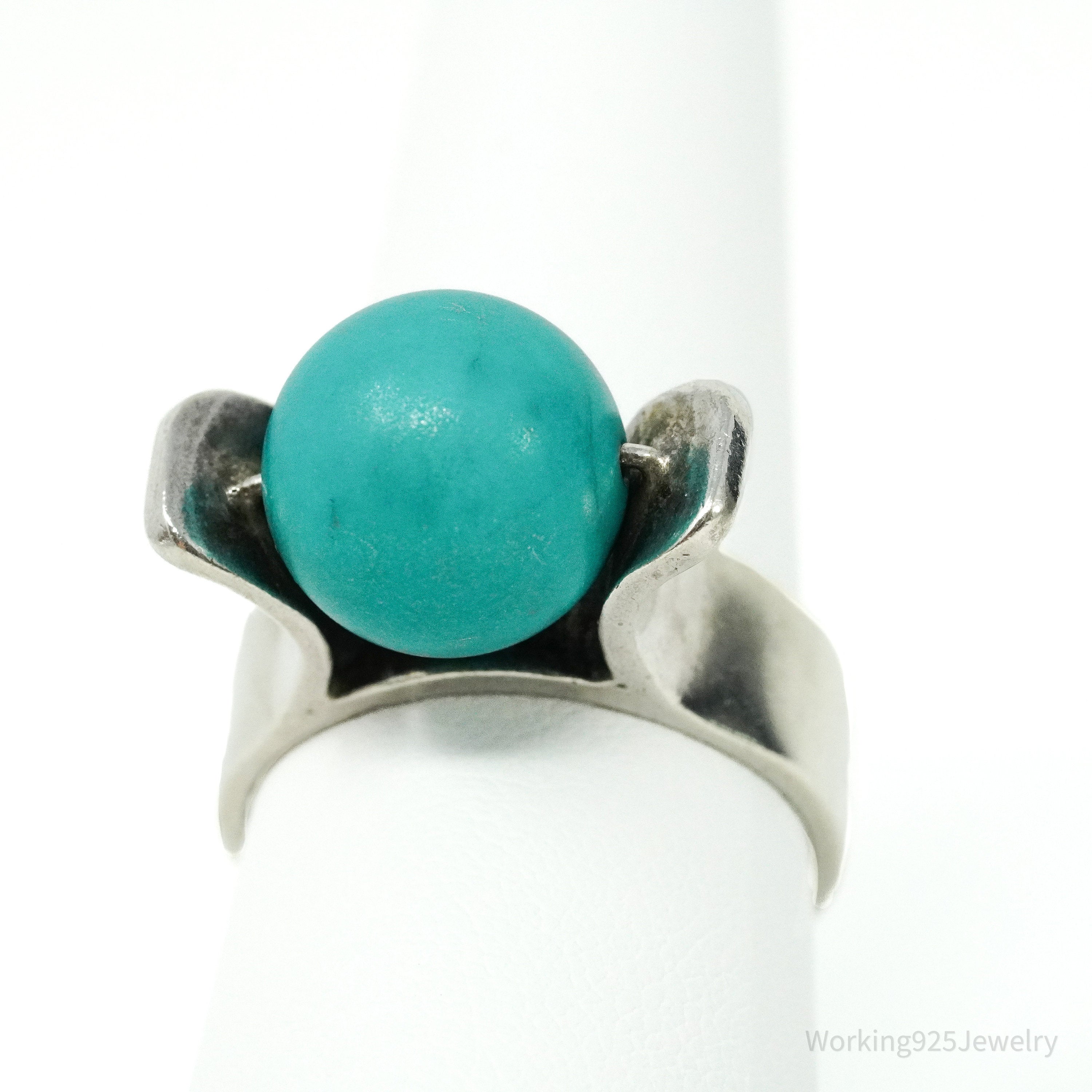 Vintage Spinning Turquoise Ball Modernist Sterling Silver Ring - Size 8