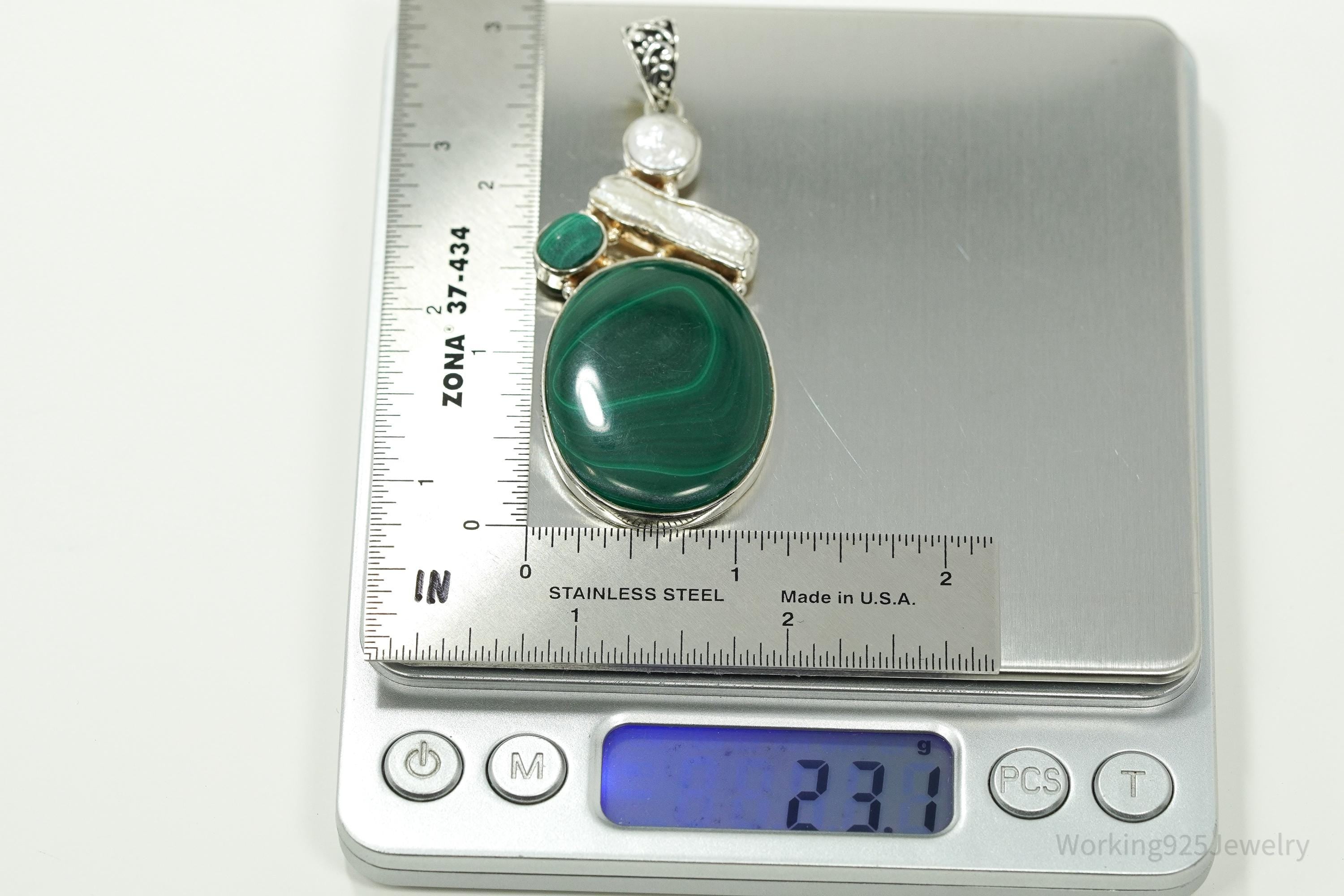 Large Vintage Malachite & Pearl Sterling Silver Necklace Pendant