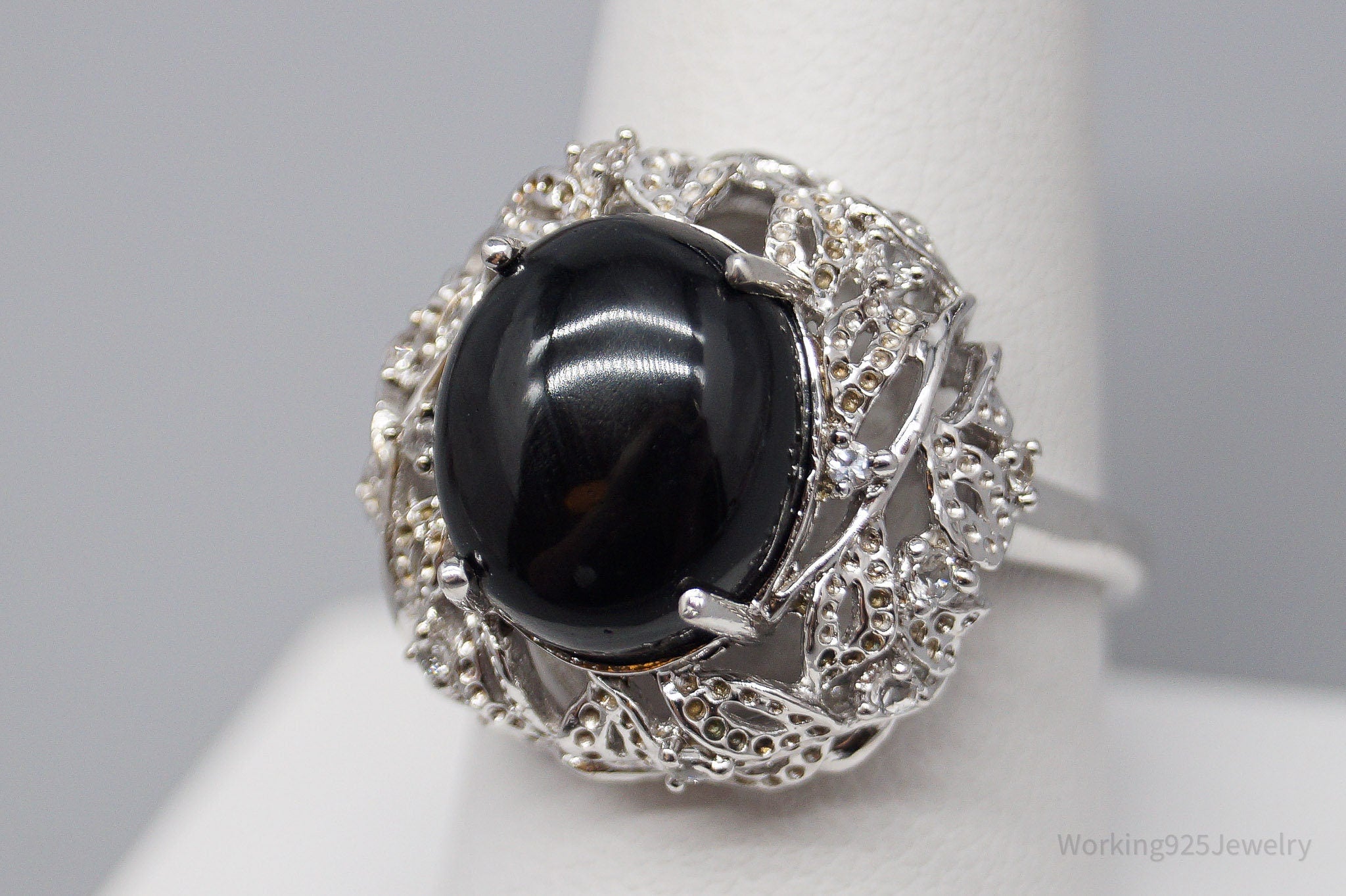 Vintage Black Onyx Cubic Zirconia Sterling Silver Ring - Size 9.25