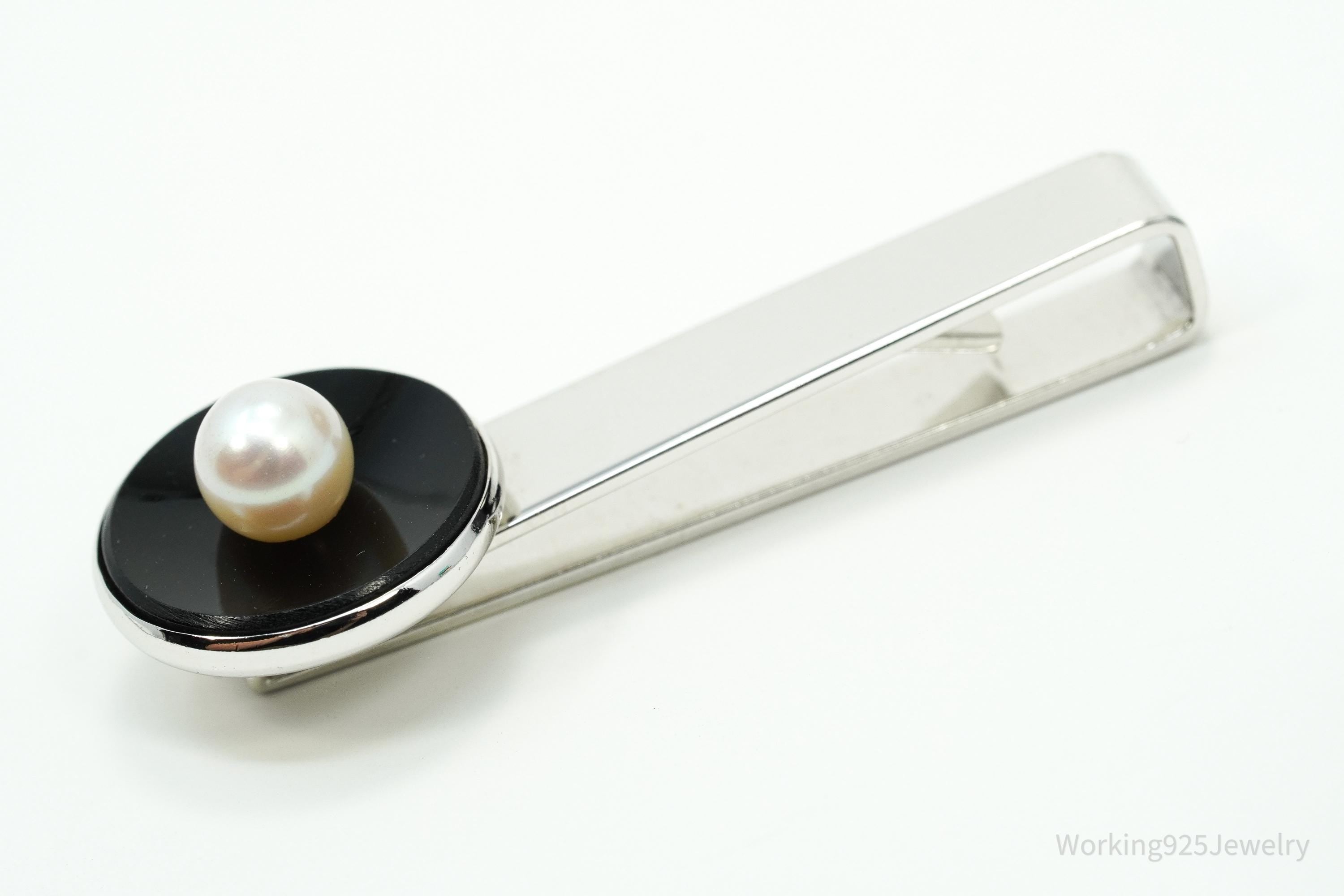Vintage Designer CARIBE Pearl & Onxy Sterling Silver Tie Bar Clip