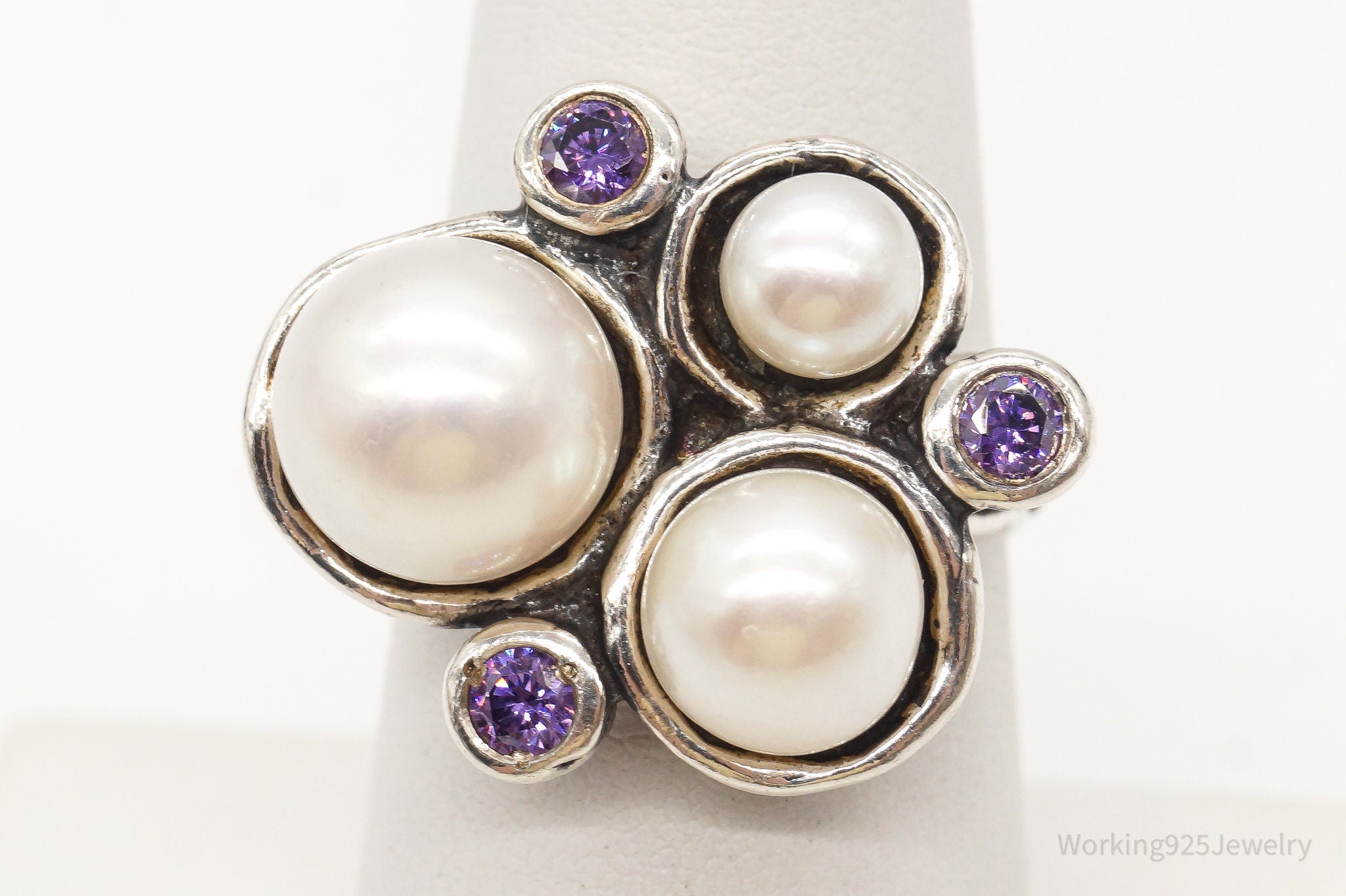 Vintage Shablool Didae Pearl Purple CZ Sterling Silver Ring - Size 6.75