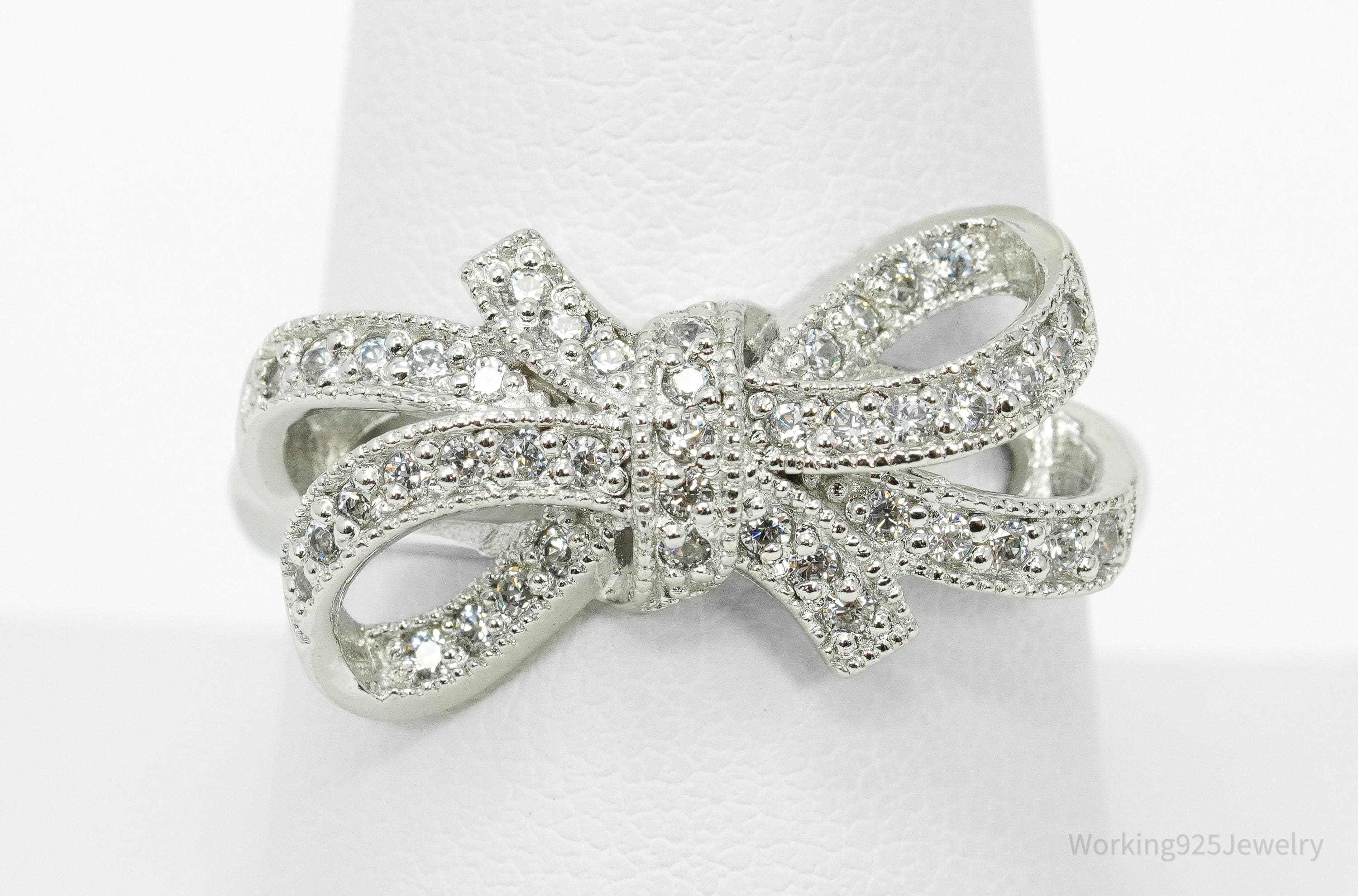 Vintage Cubic Zirconia Bow Sterling Silver Ring - Size 8.75