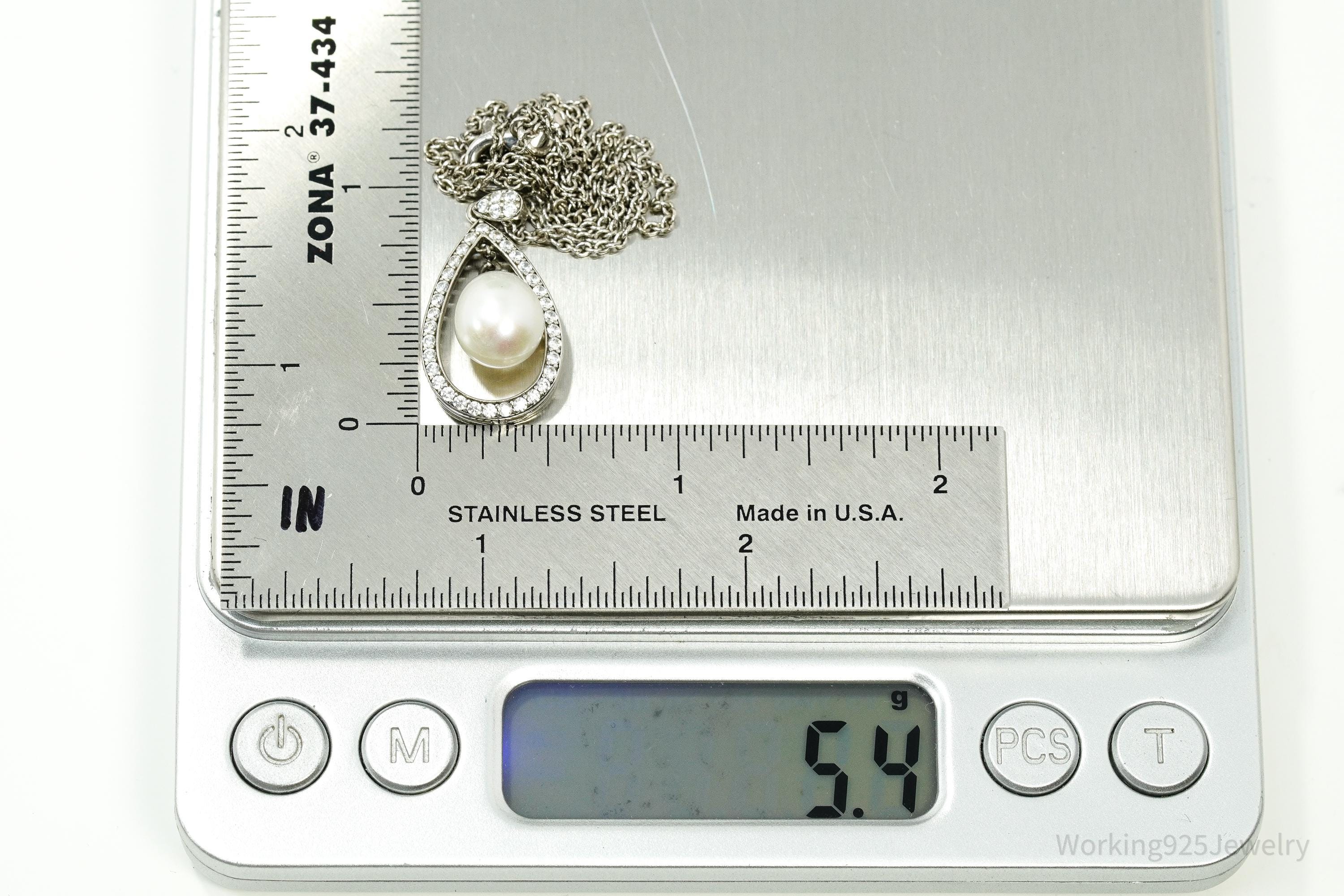 Vintage Pearl & Cubic Zirconia Sterling Silver Necklace 17"