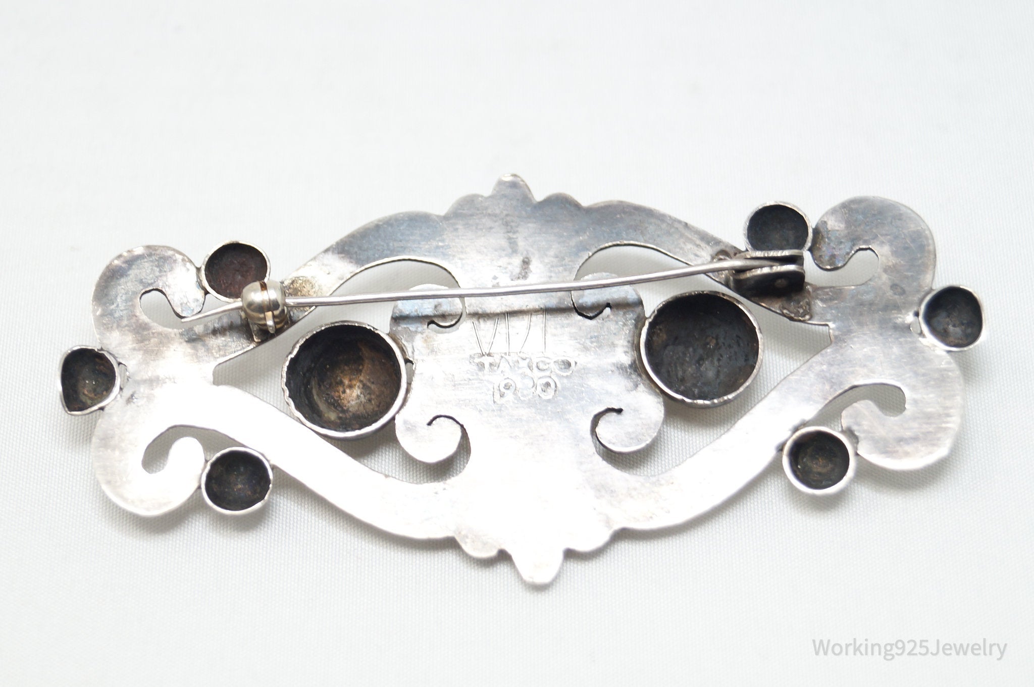 Large Vintage Taxco Mexico Turquoise Modernist 980 Silver Brooch Pin