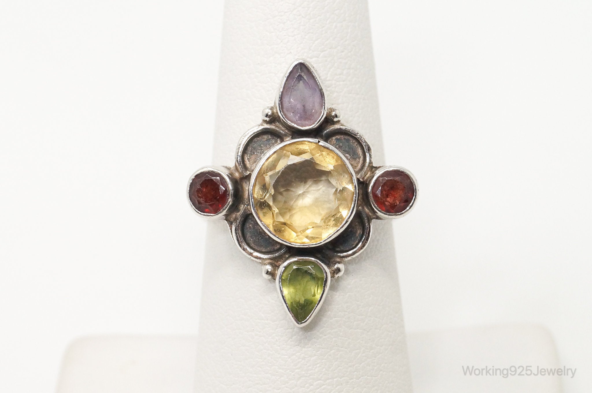 Vintage Multi Gemstone Sterling Silver Ring - SZ 6.75