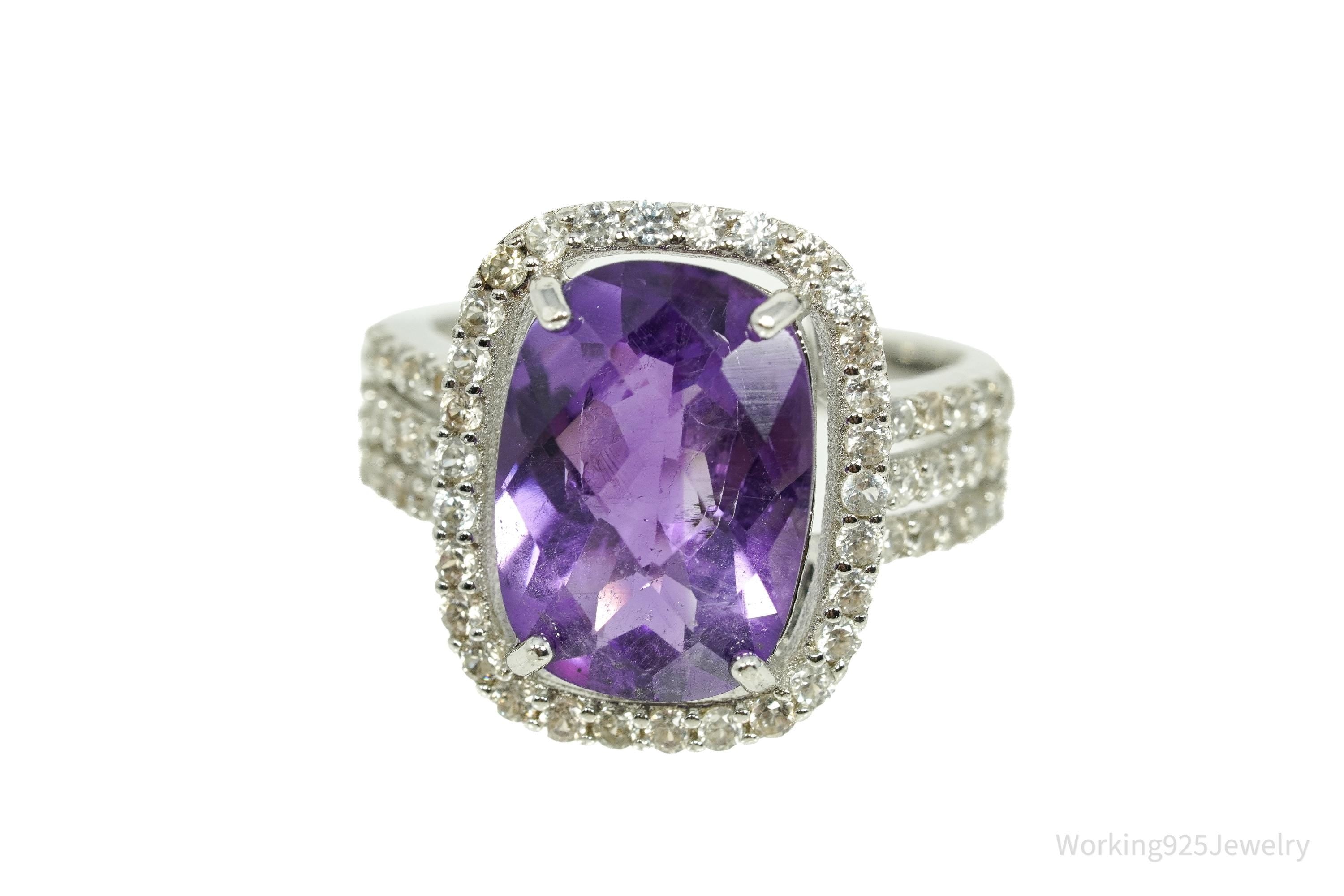 Vintage Amethyst & White Topaz Sterling Silver Ring - Size 7