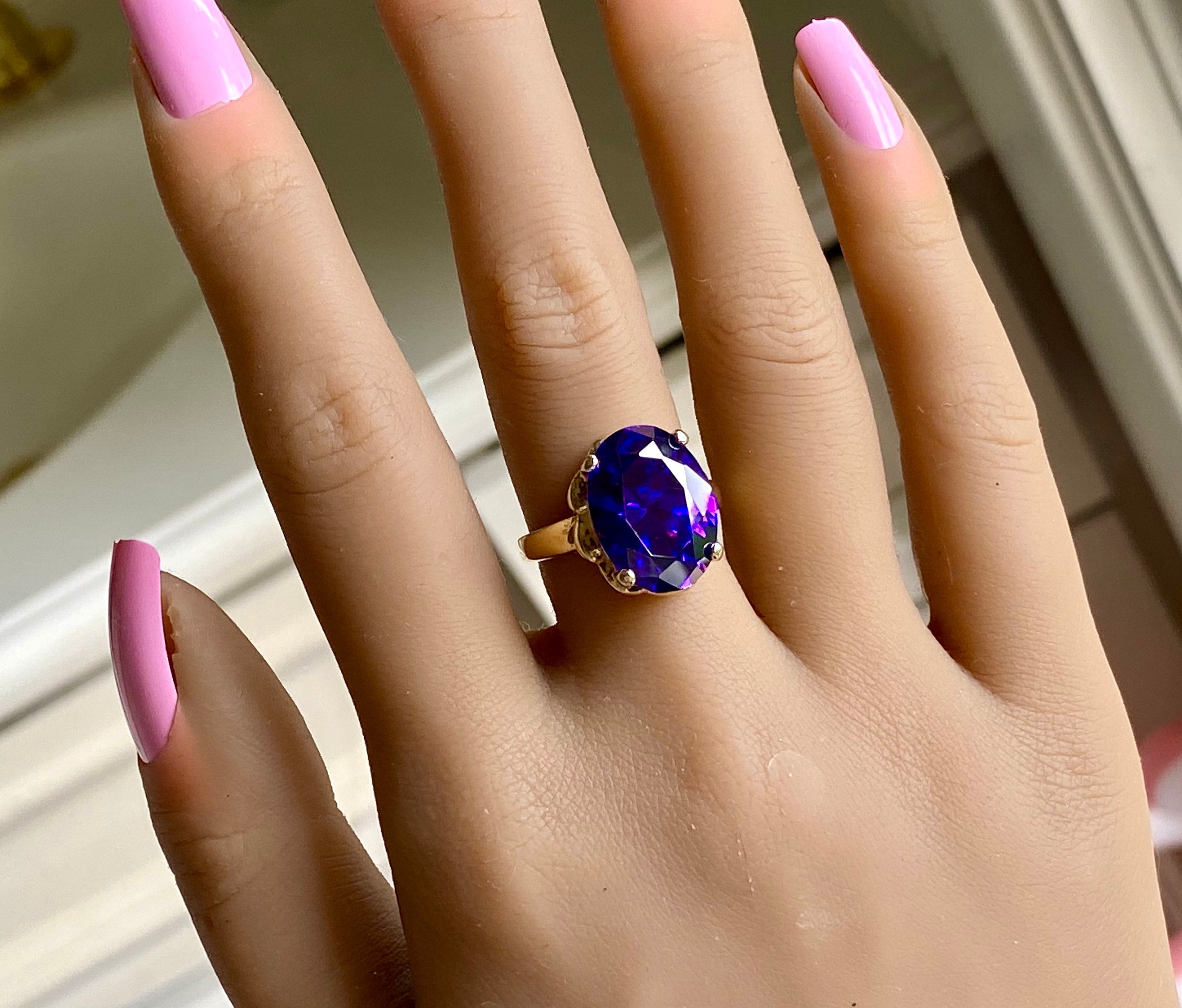 Vintage Large Purple Cubic Zirconia Gold Vermeil Sterling Silver Ring Size 7.75