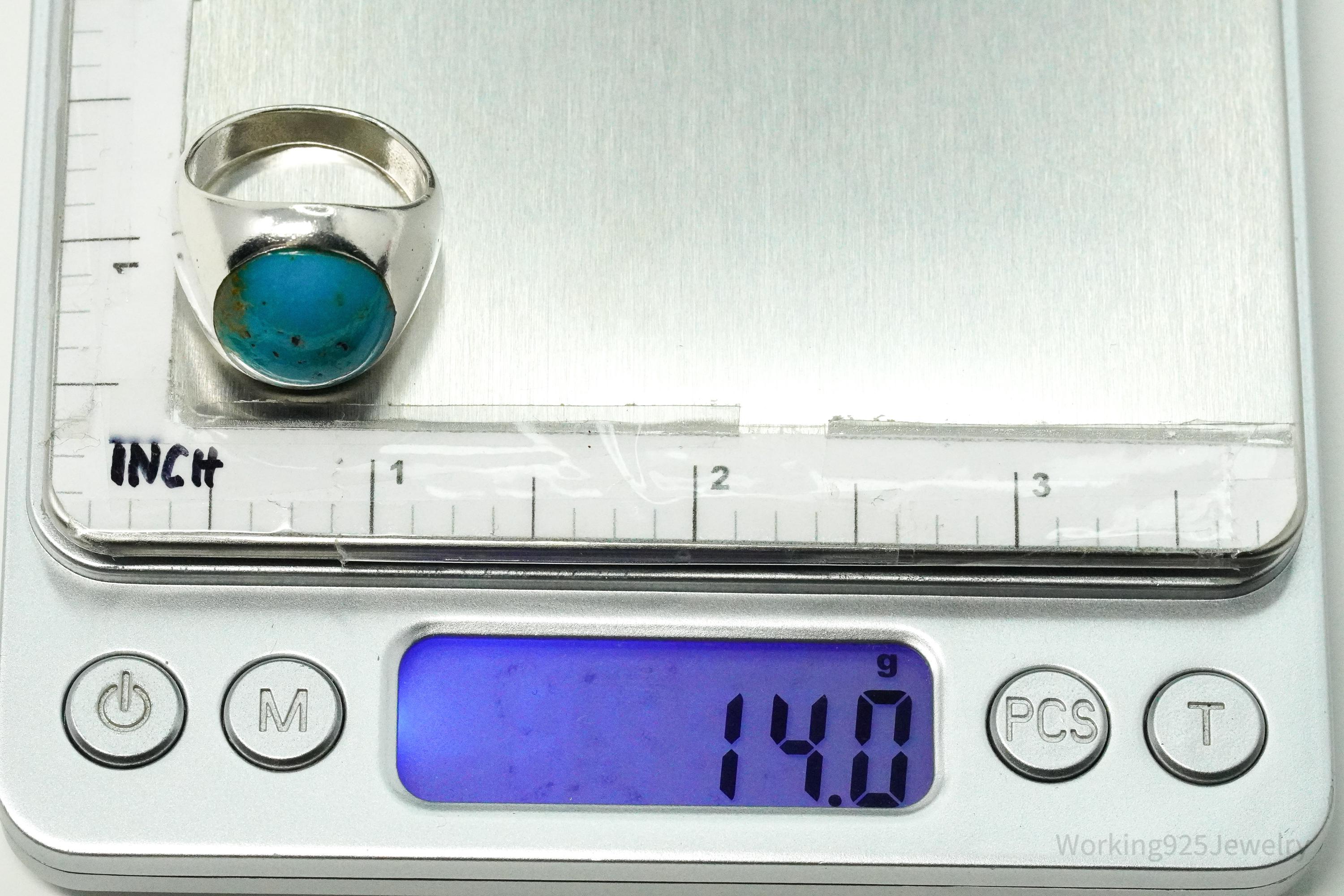 Vintage Blue Turquoise Inlay Silver Ring - Size 8.25