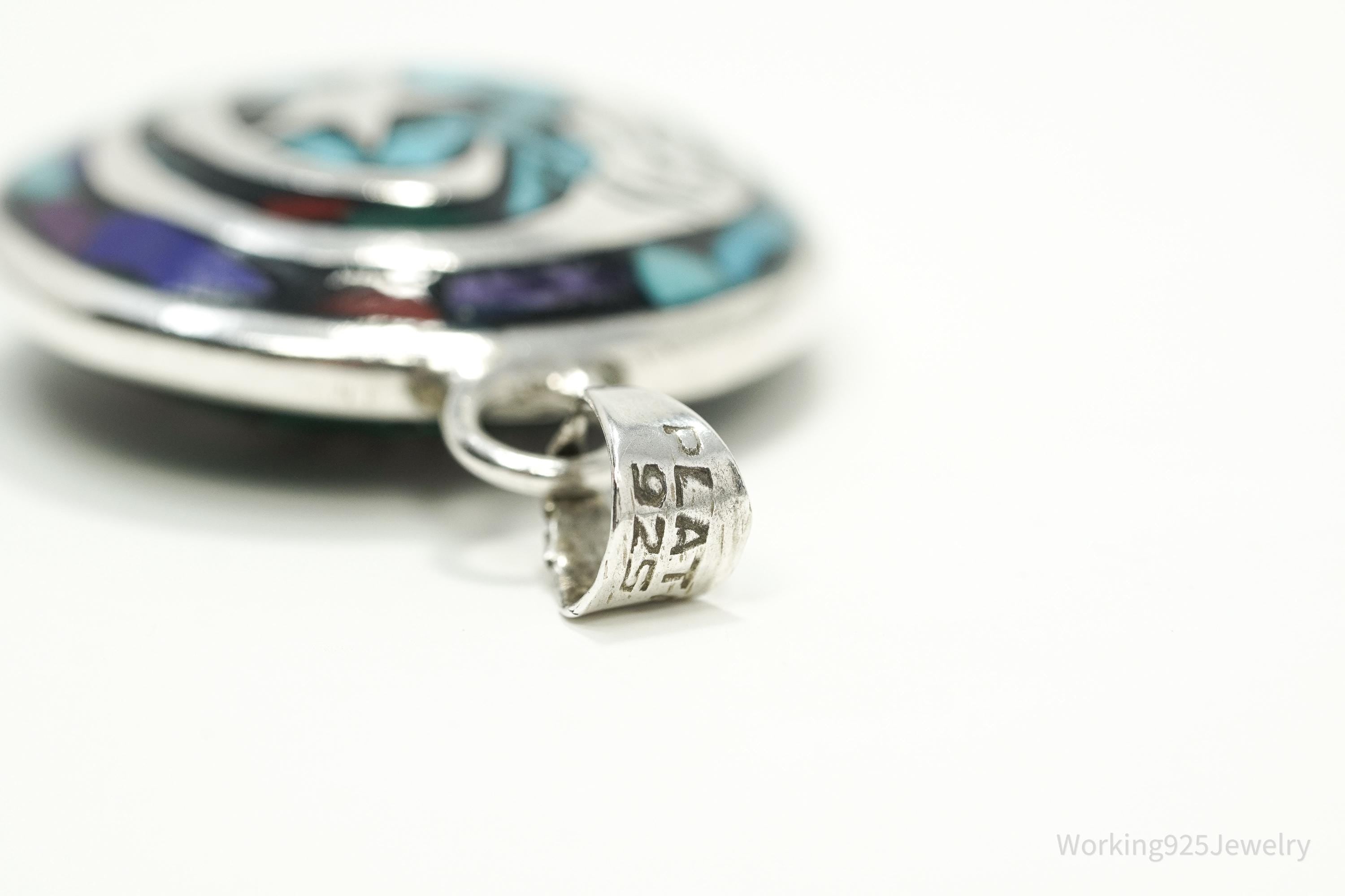 Vintage Double Sided Aztec Mayan Multi Gem Inlay Sterling Silver Pendant 1 11/16"