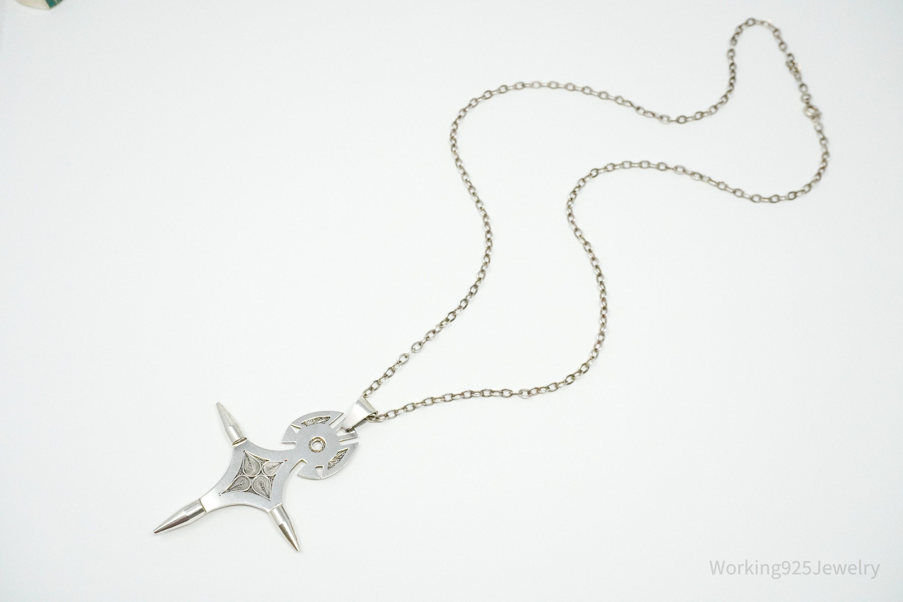 Vintage Large African Cross Silver Necklace 24"