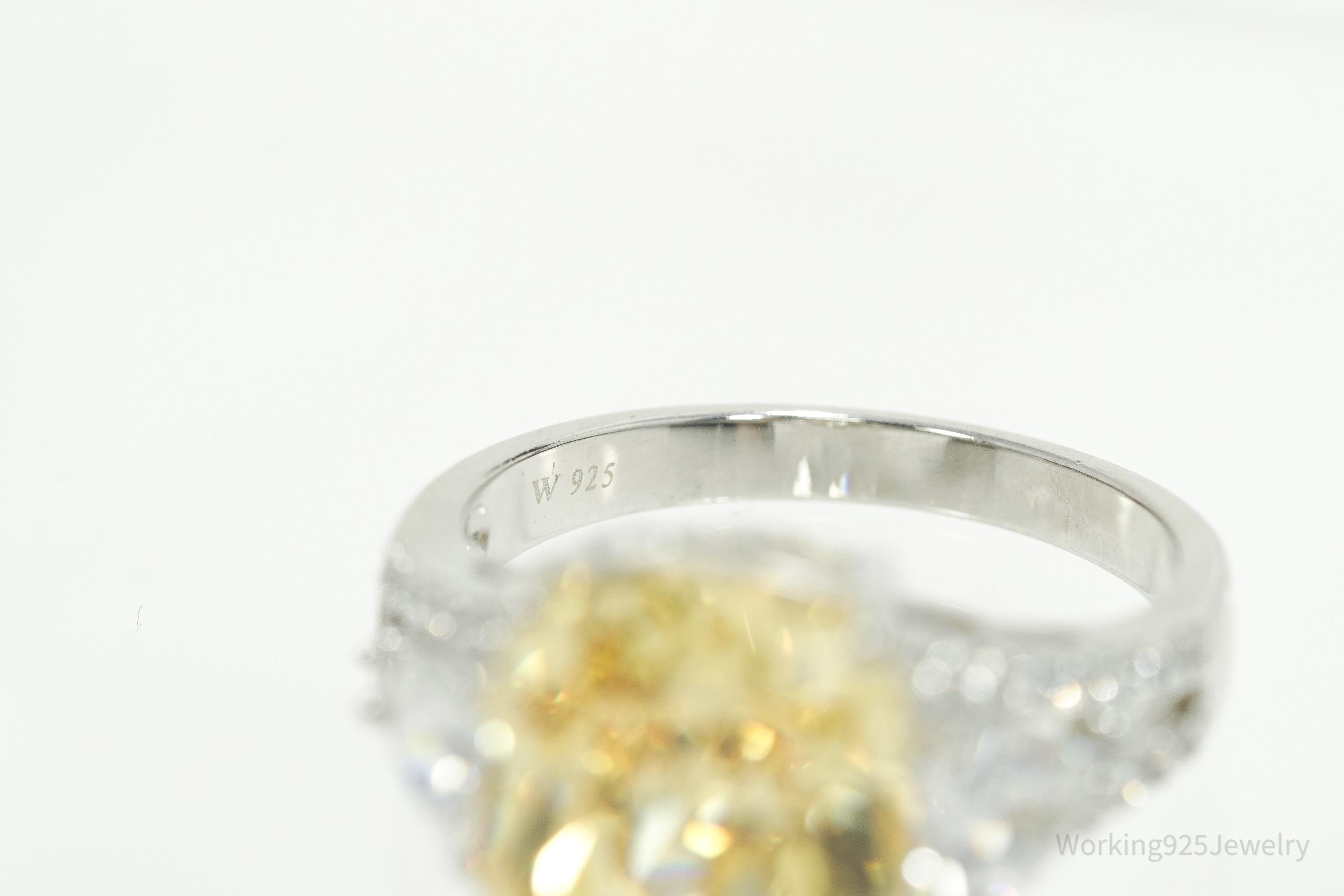 Vintage Large Yellow & White Cubic Zirconia Sterling Silver Ring - Size 10.25