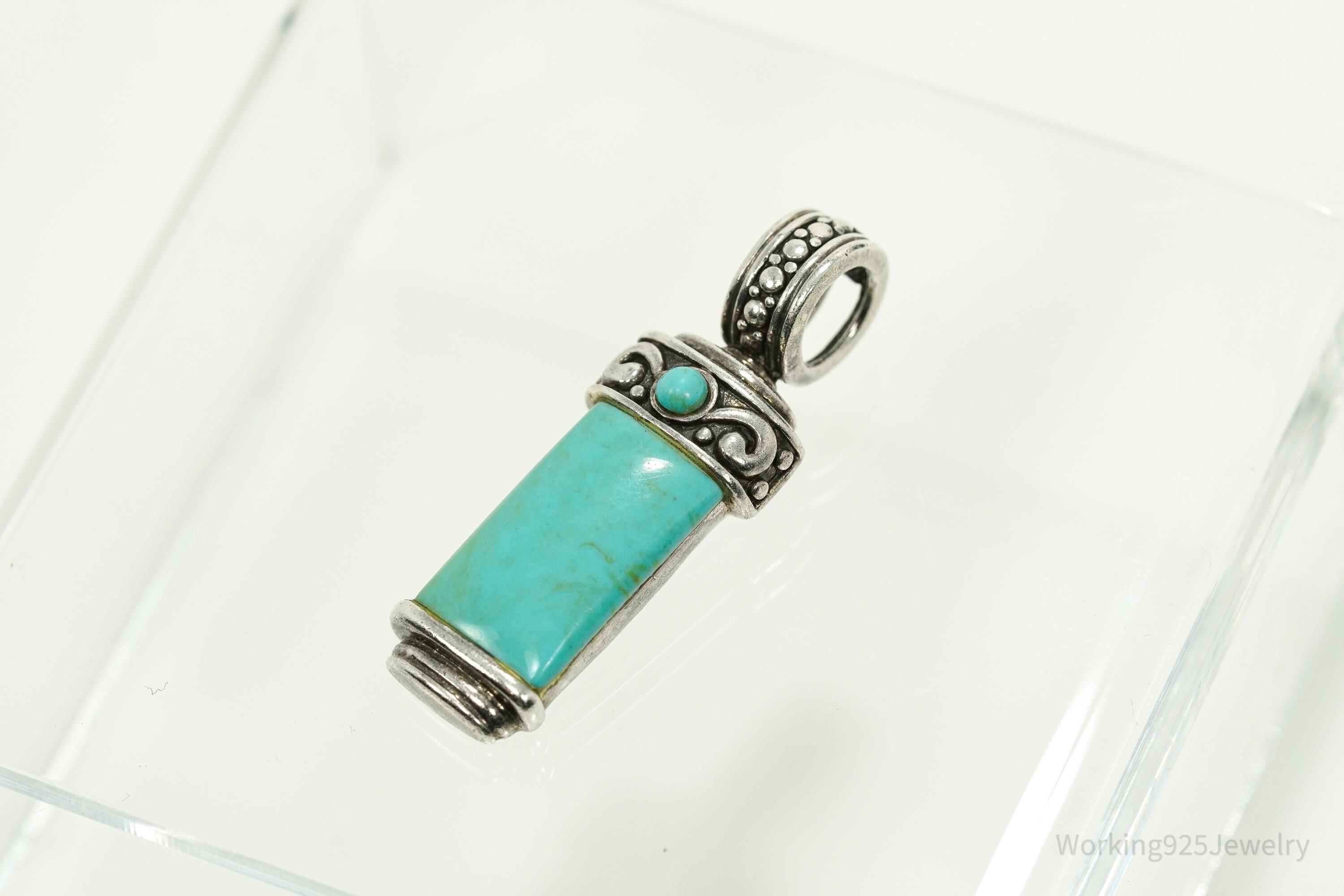 Vintage Turquoise Sterling Silver Necklace Pendant 1.75"