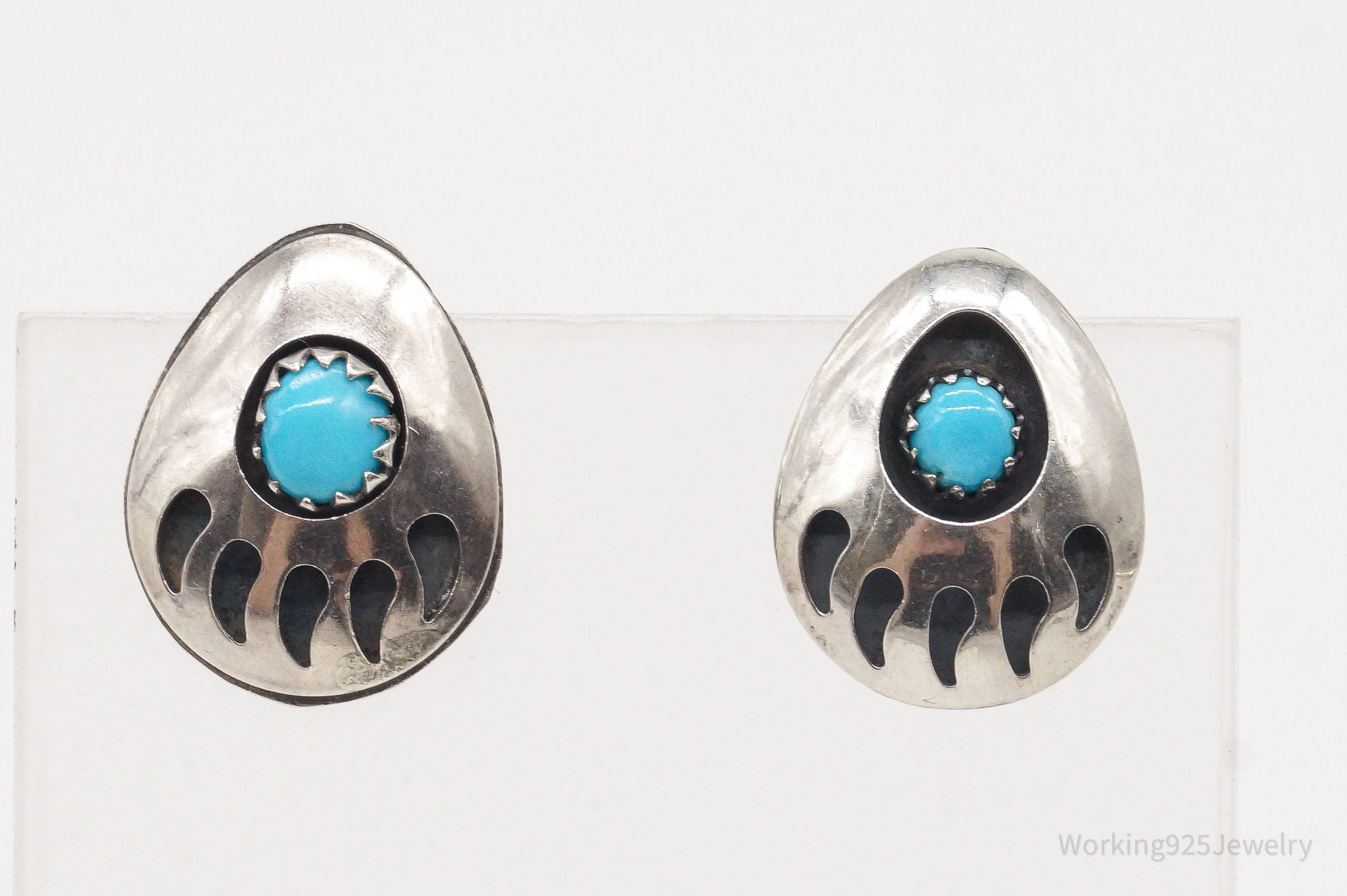 Vintage Native American Turquoise Bear Paw Print Sterling Silver Earrings