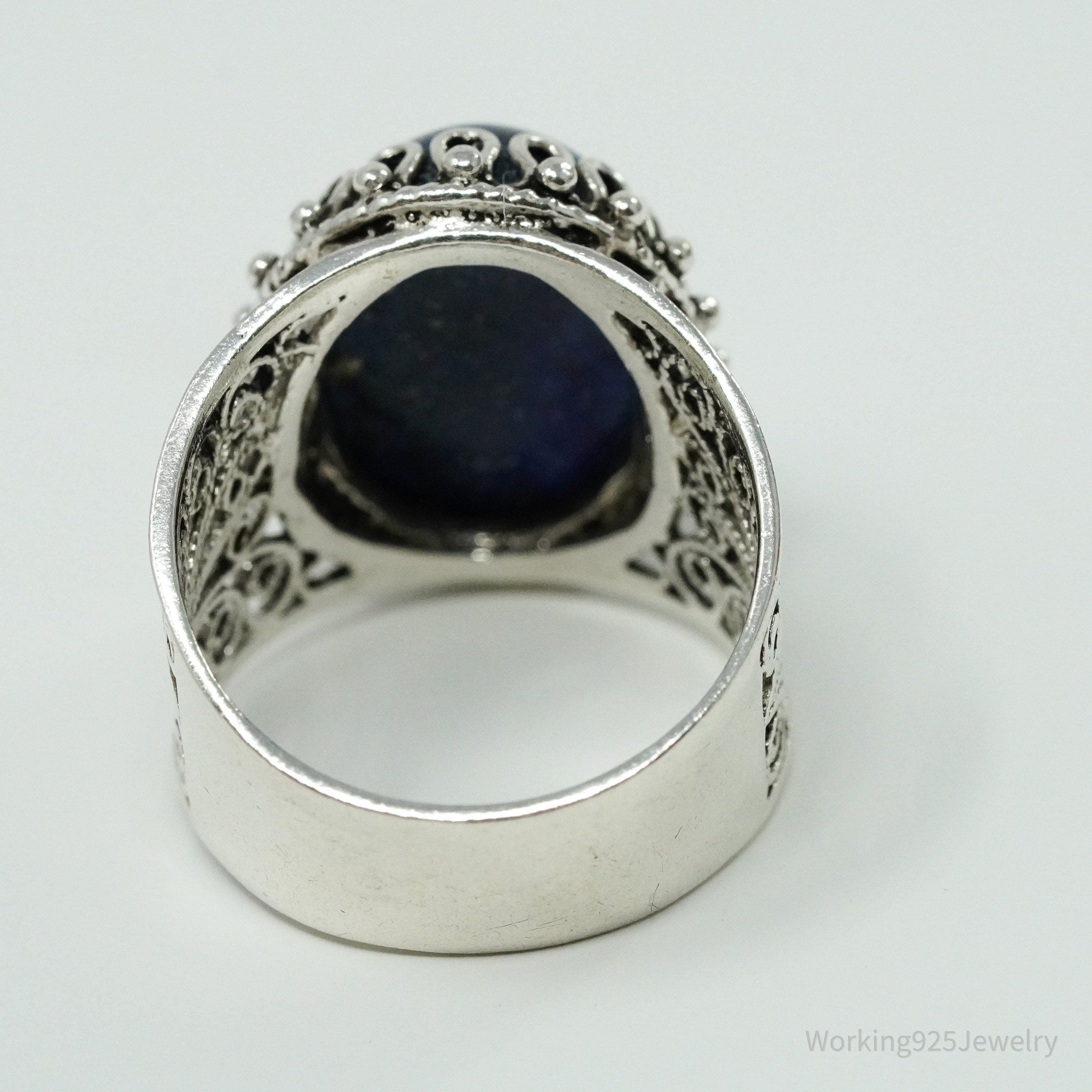 Vintage Designer DGS Lapis Lazuli Filigree Sterling Silver Ring - Size 9