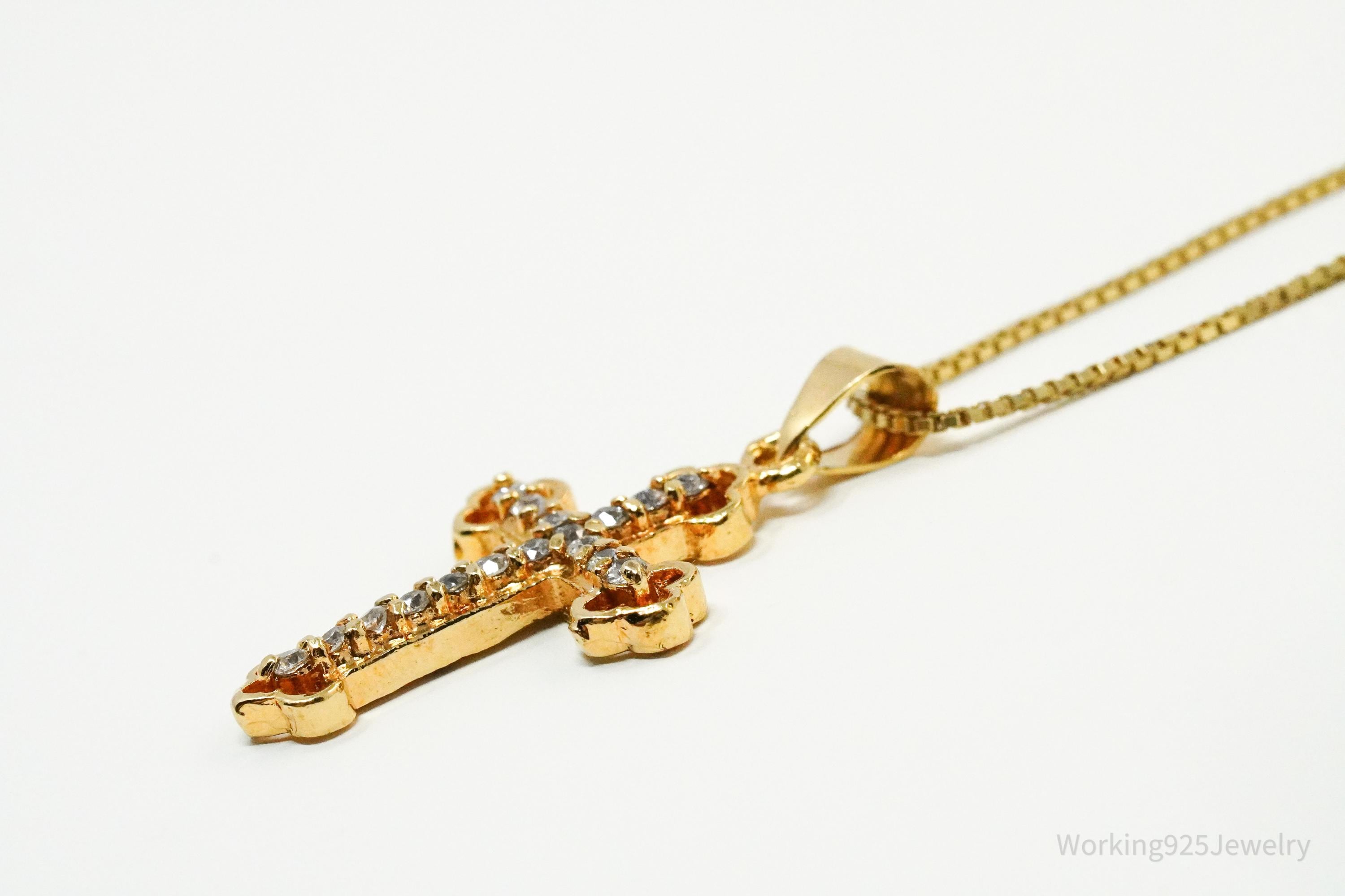 Vintage Cubic Zirconia Gold Over Sterling Silver Cross Necklace 22"