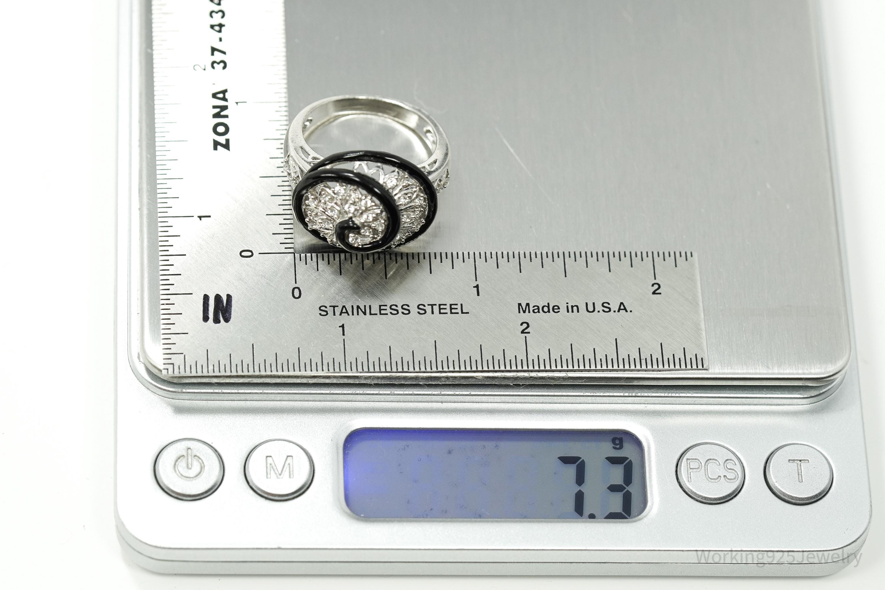 Vintage Designer Cubic Zirconia & Enamel Spiral Sterling Silver Ring - Size 9