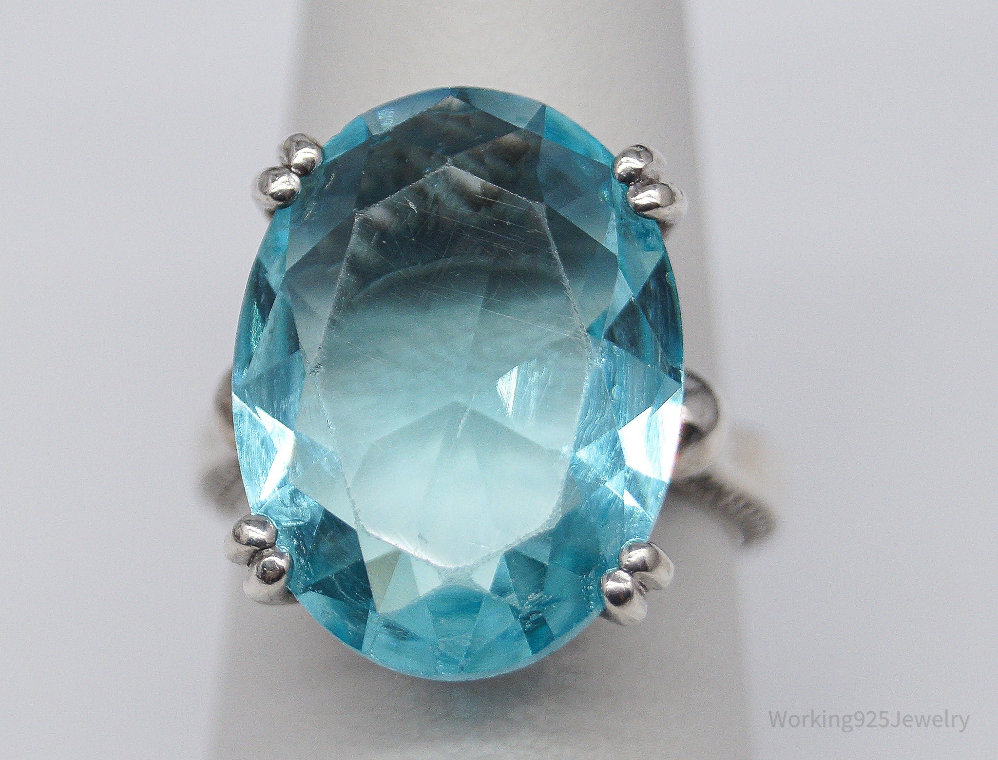 Vintage ATR Large Glass Faux Blue Topaz Sterling Silver Ring - Size 7.25