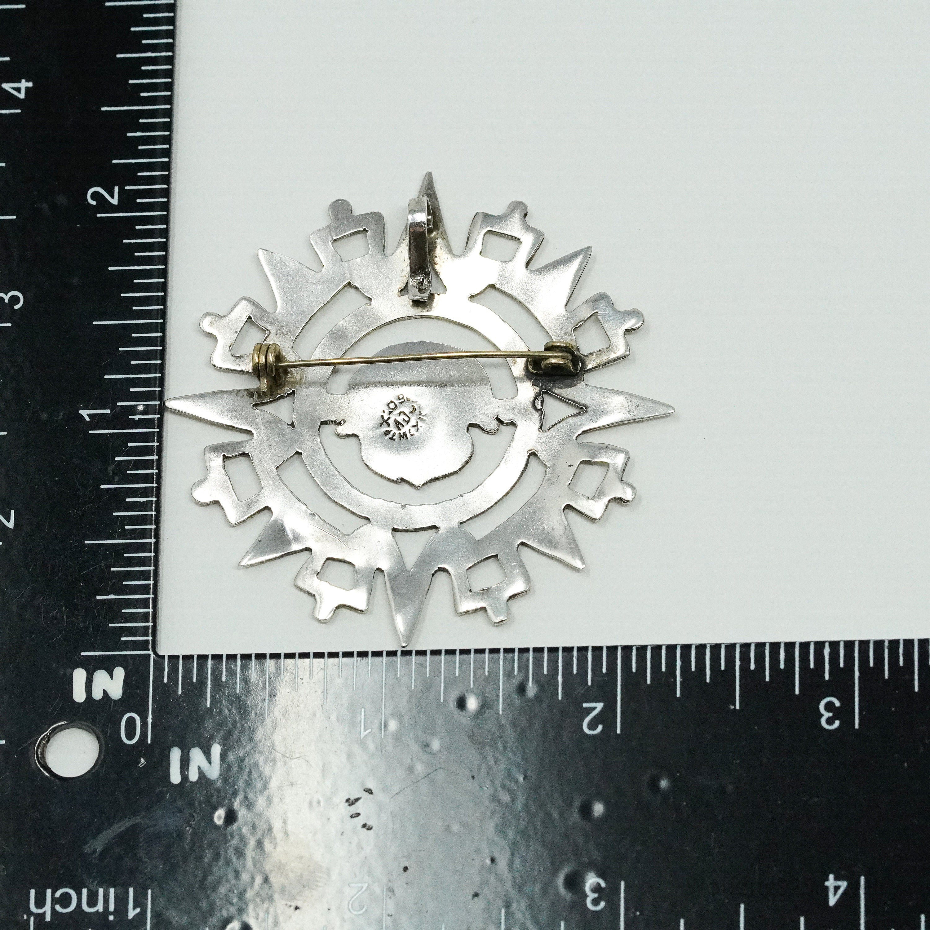 Large Vintage Mexico Aztec Mayan Sterling Silver Brooch Pin Pendant