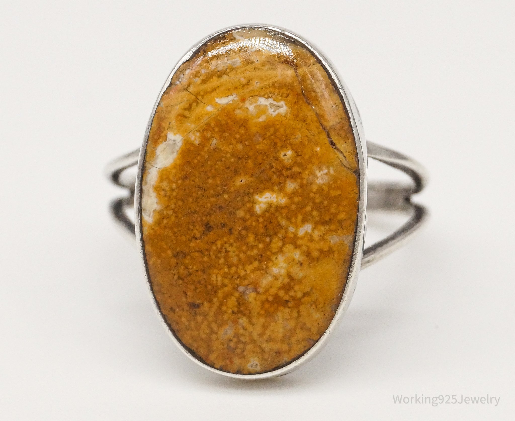 Vintage Yellow Brown Agate Silver Ring - Size 6