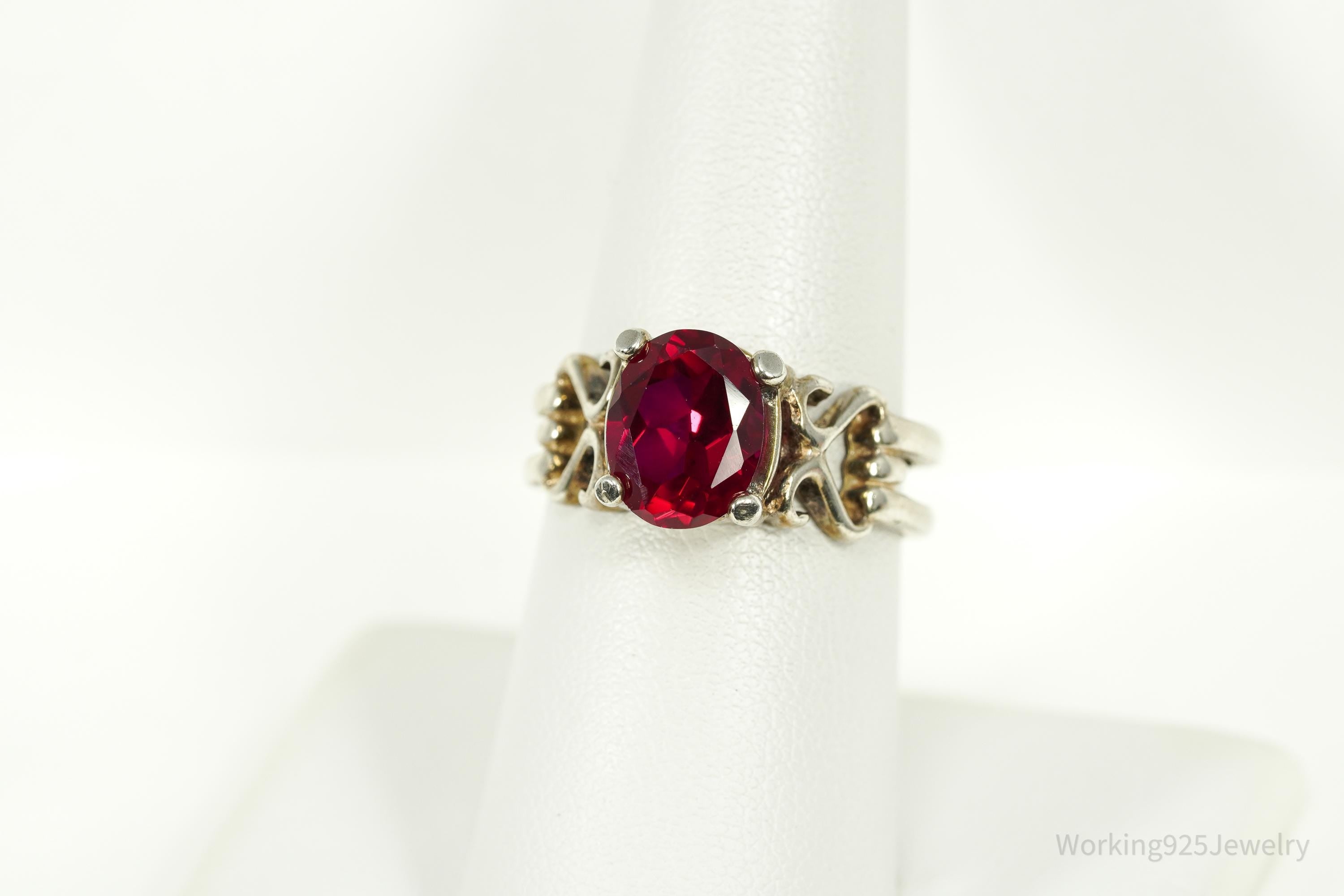 Vintage Lab Ruby Sterling Silver Ring - Size 8.25