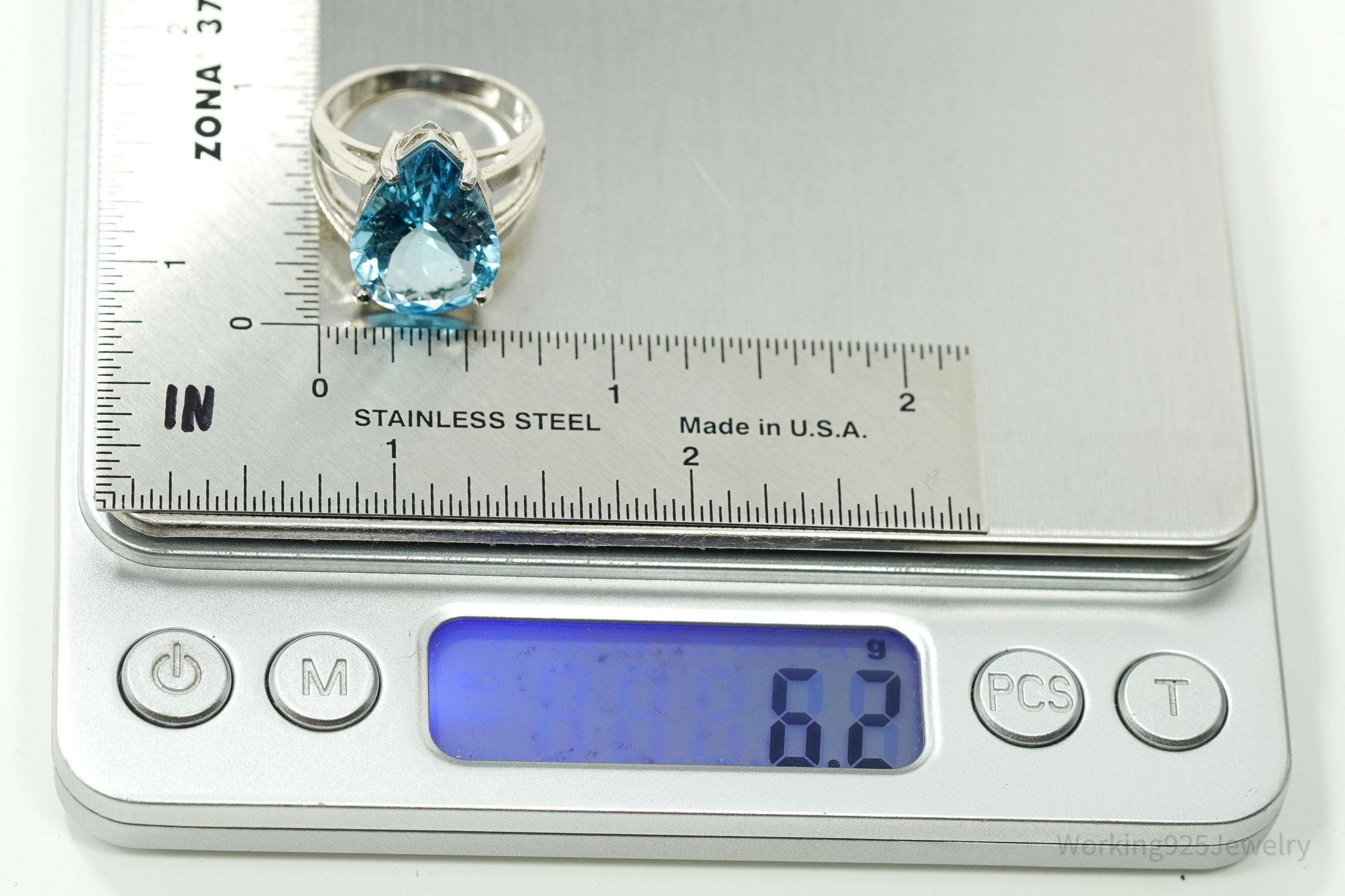 Vintage Large Blue Topaz Sterling Silver Ring - Size 7