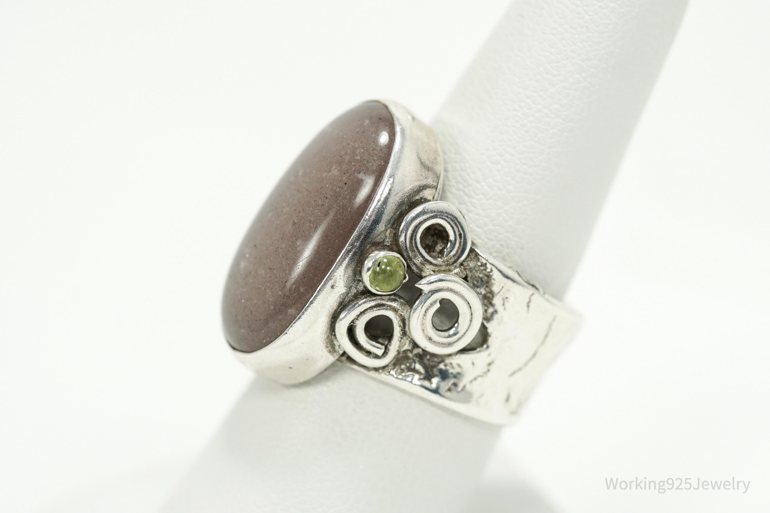 Vintage Gray Moonstone & Peridot Sterling Silver Ring Size 8