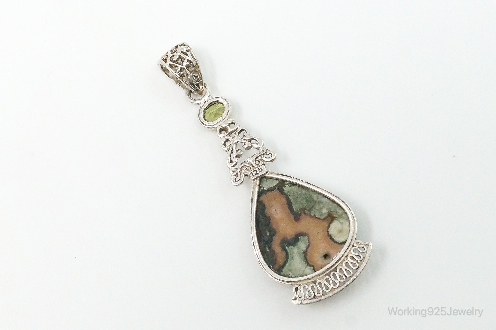 Vintage Large Jasper Peridot Sterling Silver Necklace Pendant