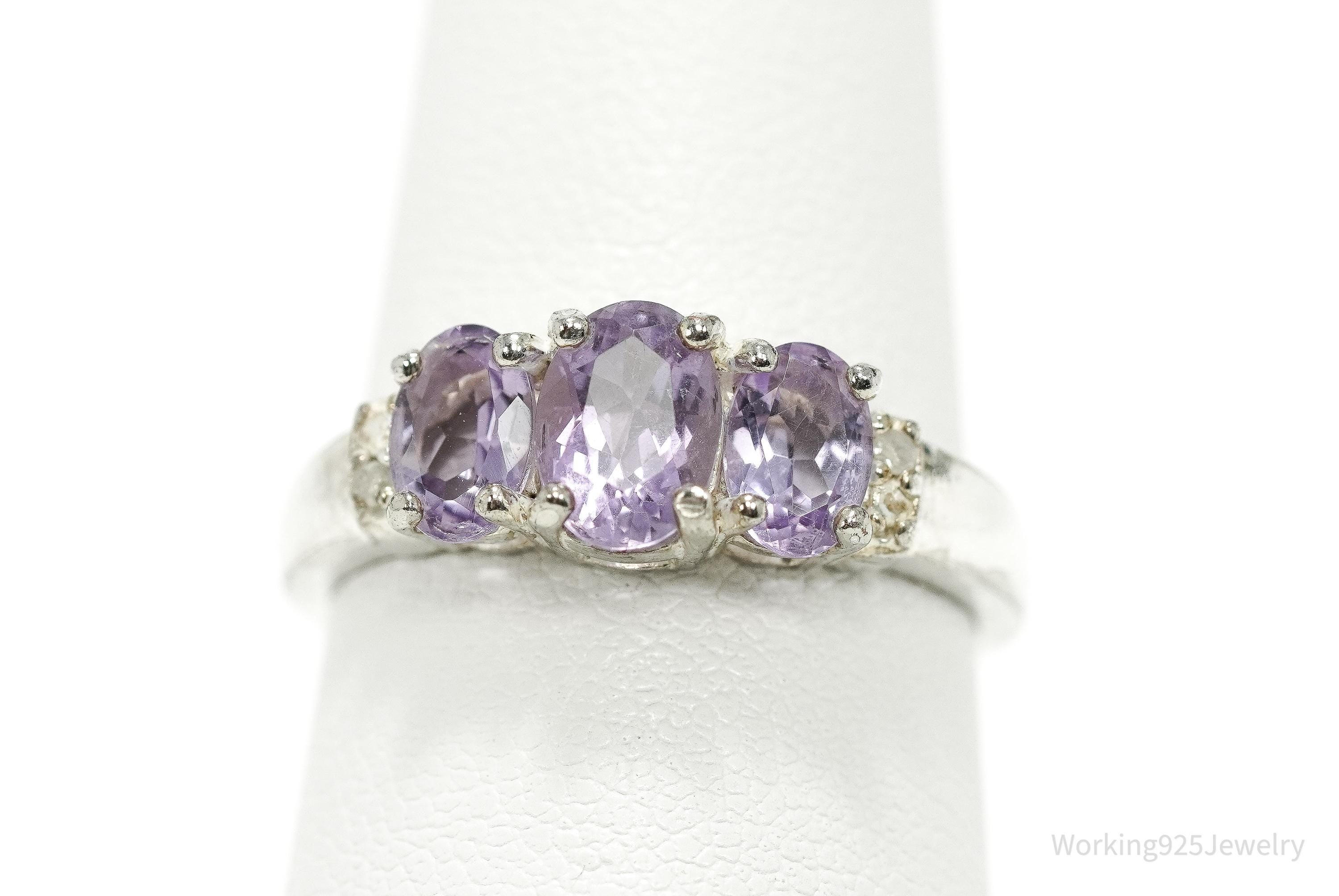 Vintage Amethyst & Diamond Sterling Silver Ring - Size 7