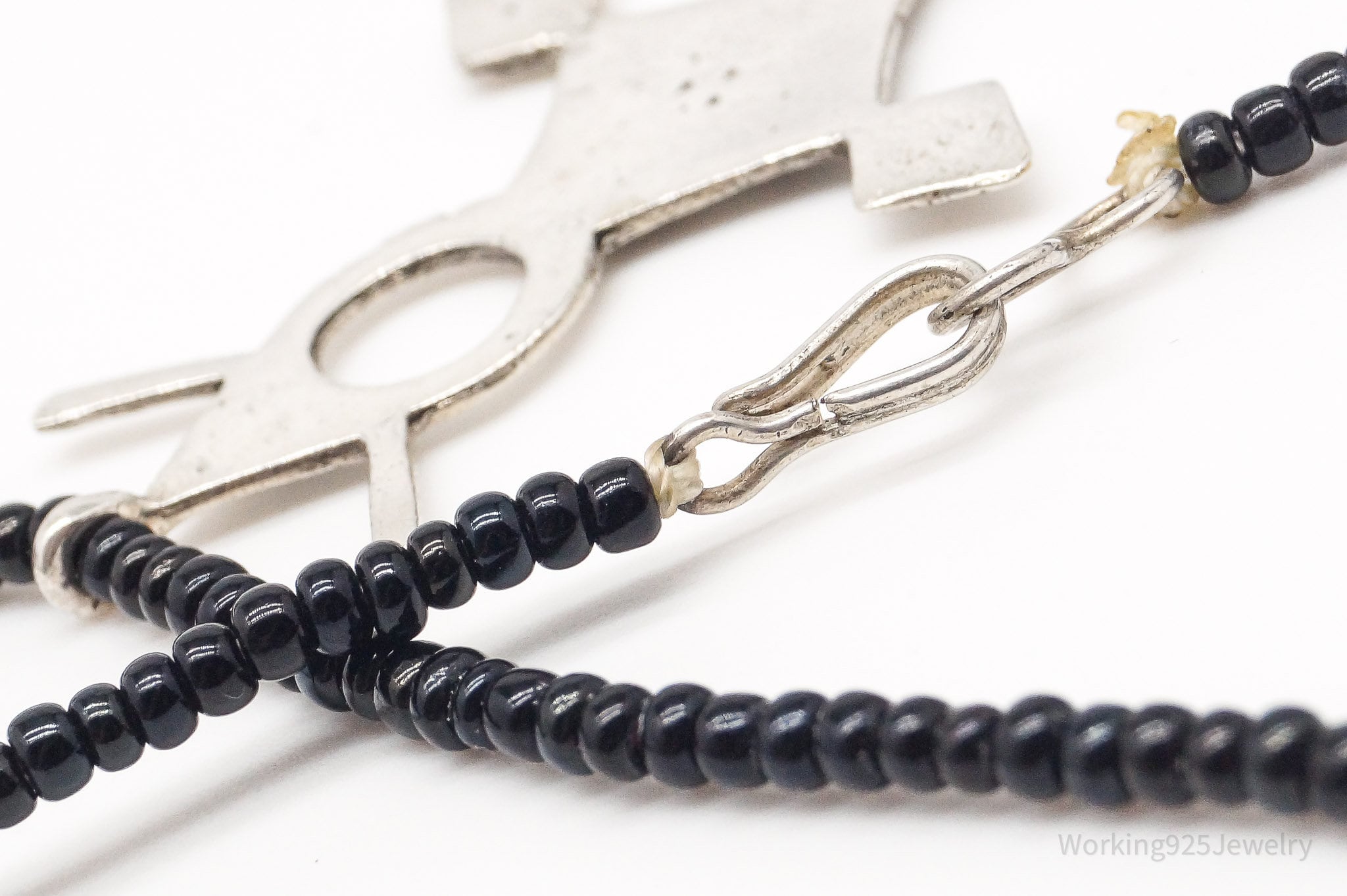 Vintage Large Silver Southern Cross Black Bead Necklace 18"