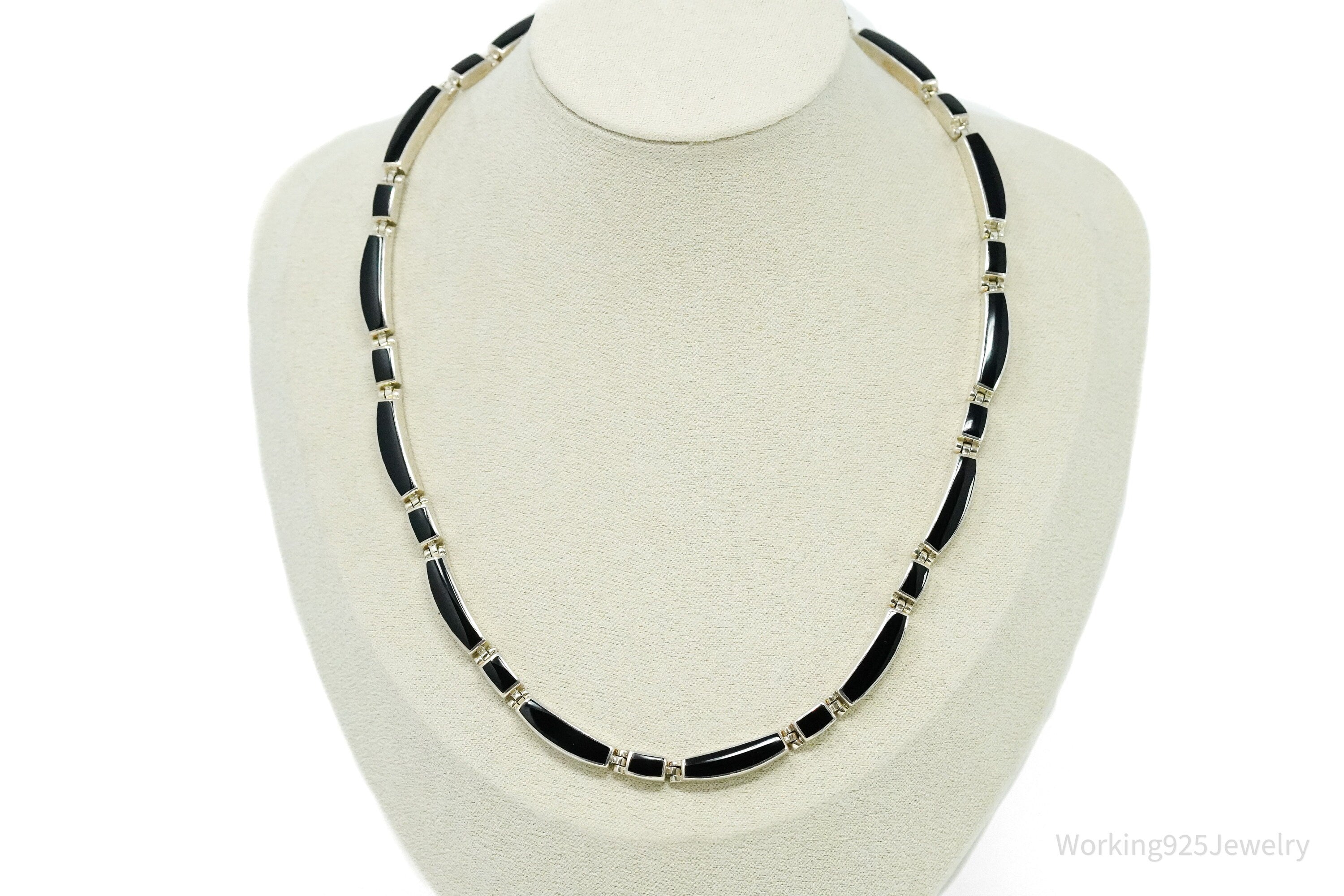 Vintage Peyote Bird Black Onyx Inlay Sterling Silver Necklace 16"