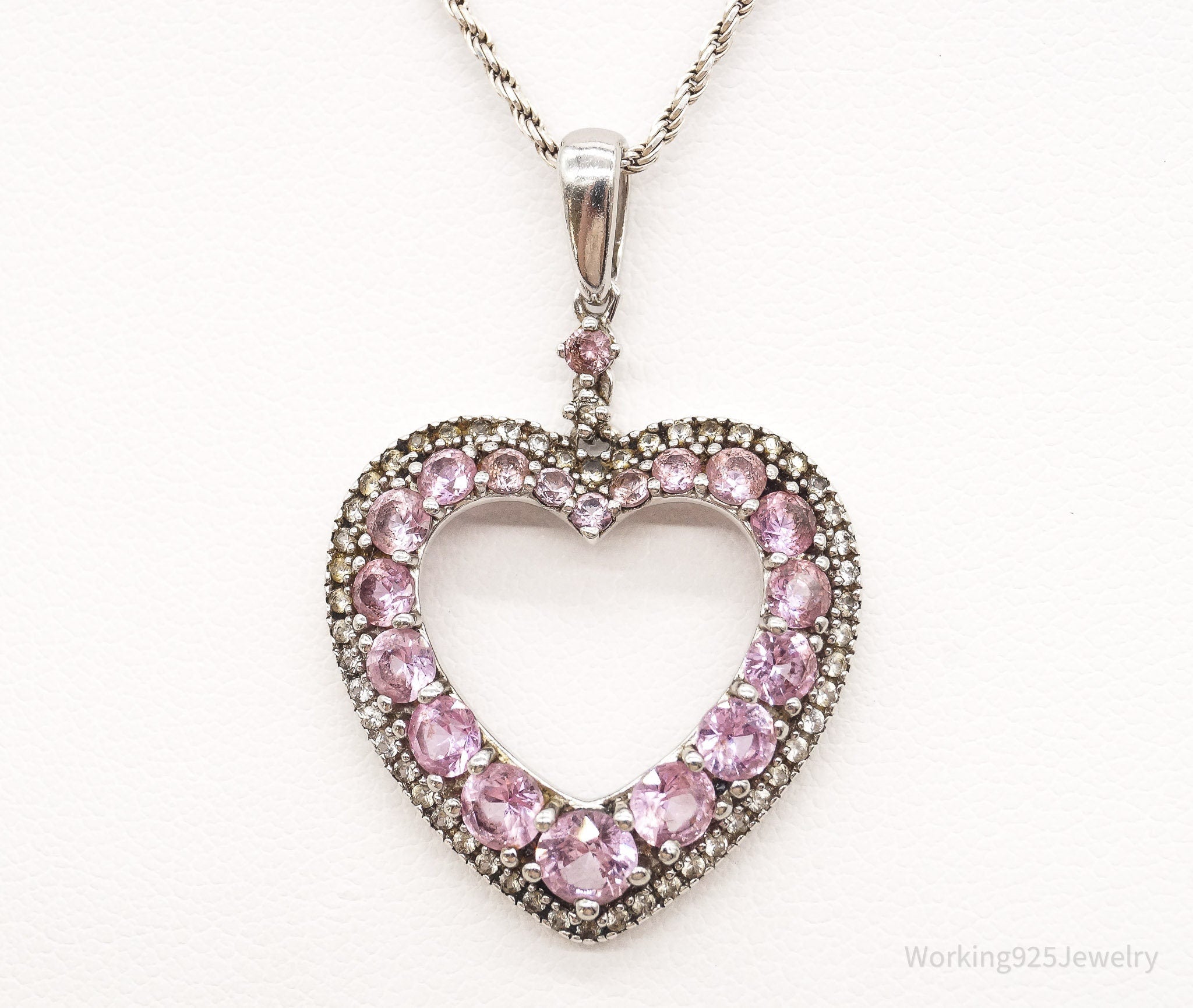 Vintage Pink & White Cubic Zirconia Heart Sterling Silver Necklace