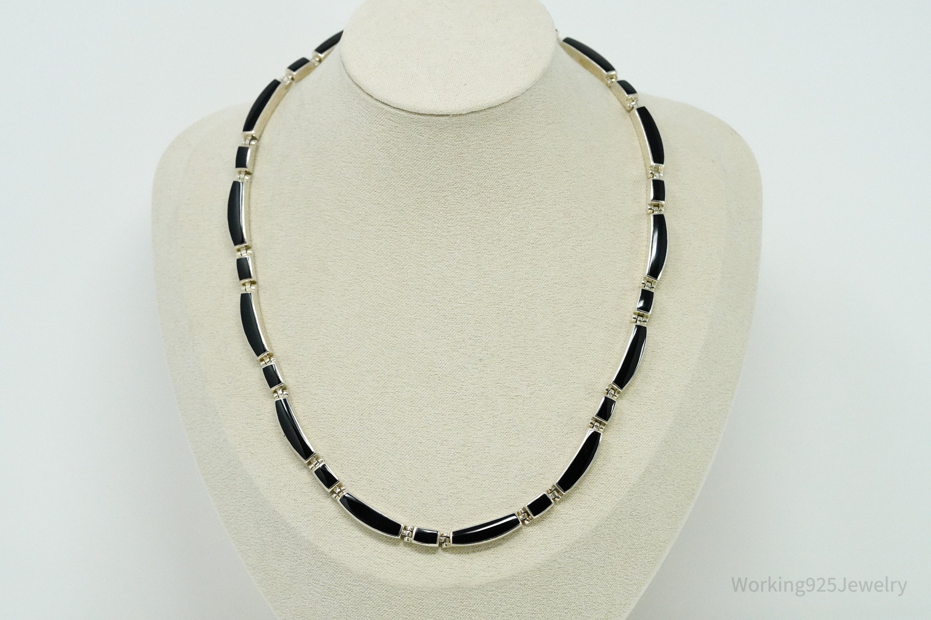 Vintage Peyote Bird Black Onyx Inlay Sterling Silver Necklace 16"