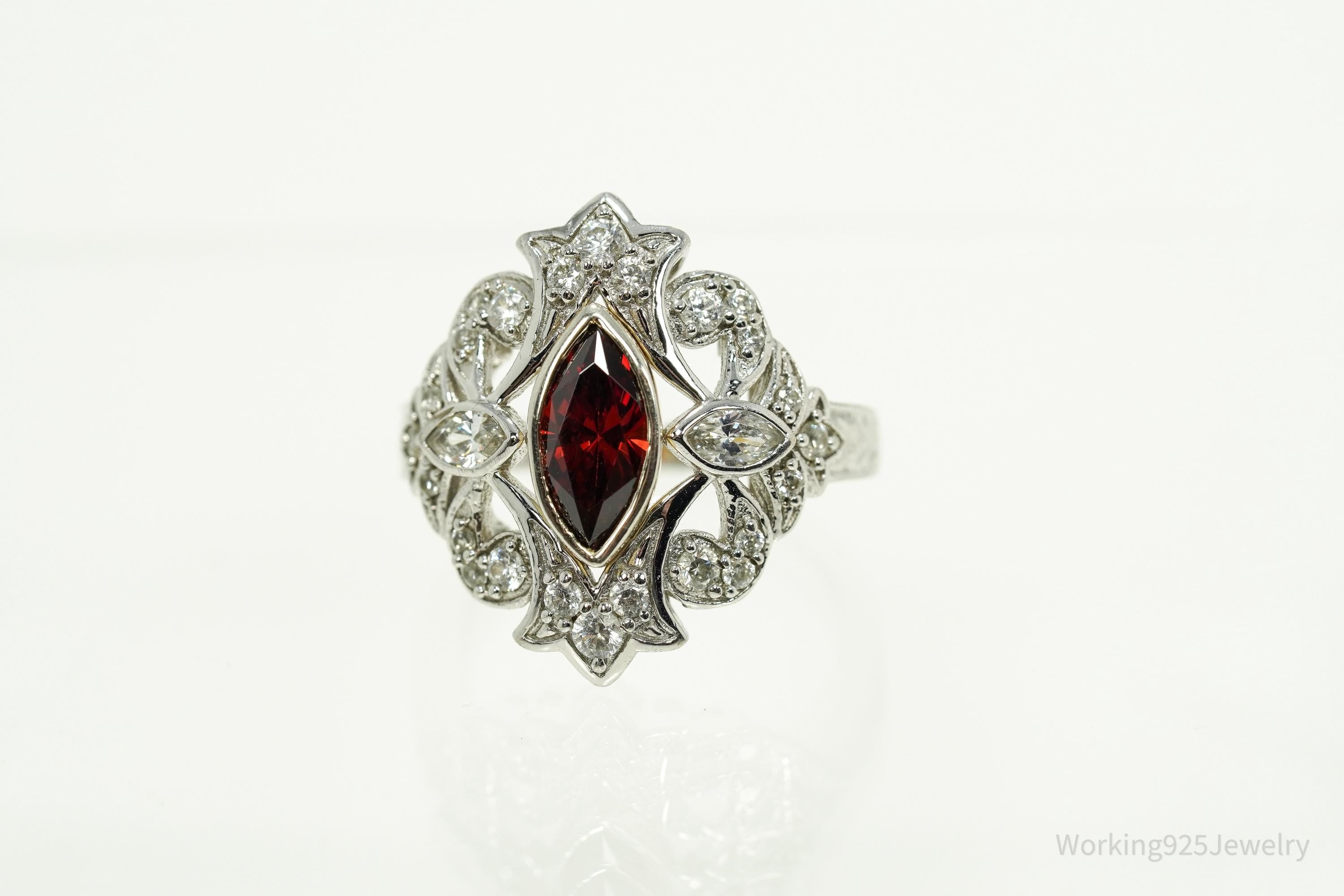 Vintage Garnet & White Zircon Sterling Silver Ring - Size 7
