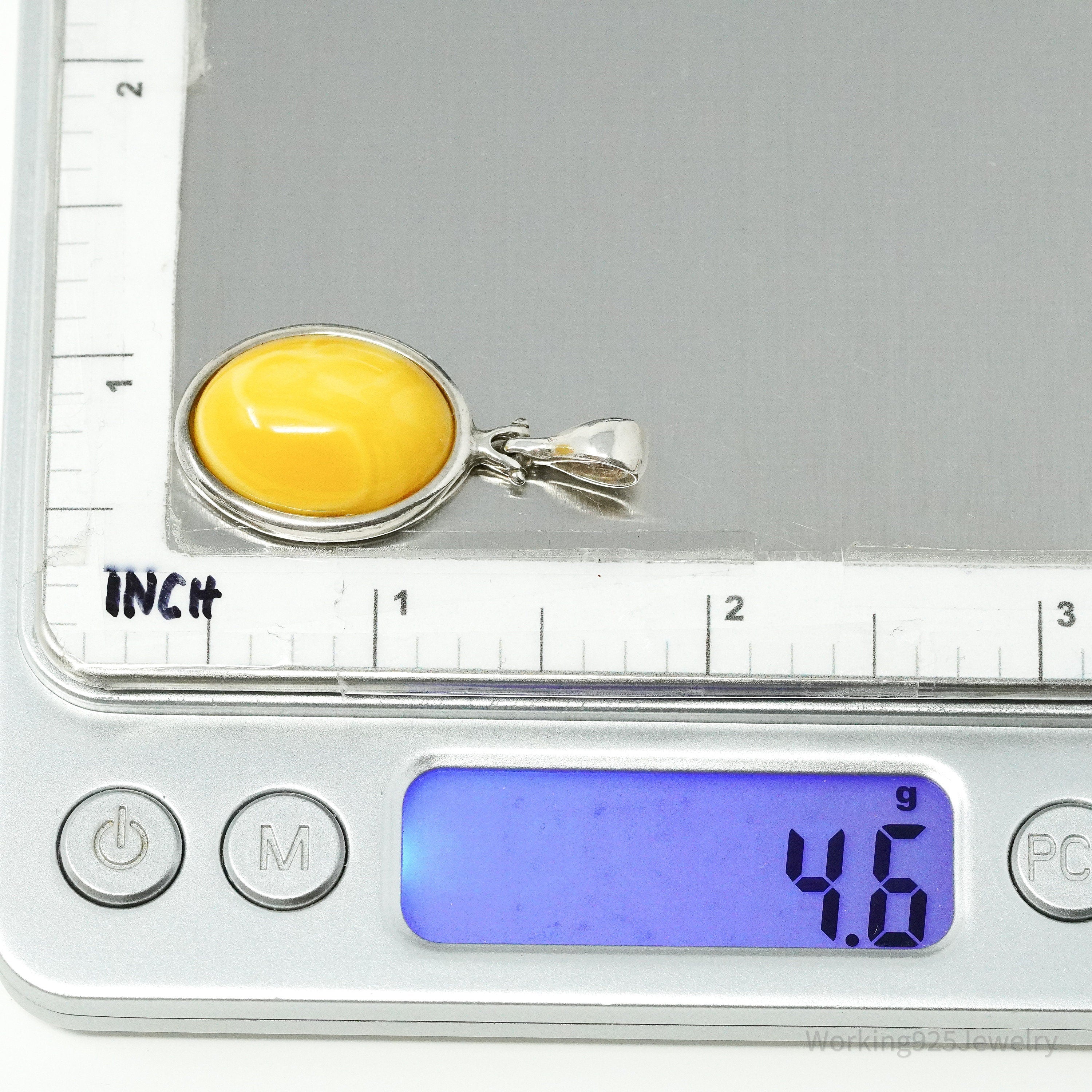 Vintage Yellow Amber Modernist Sterling Silver Necklace Pendant