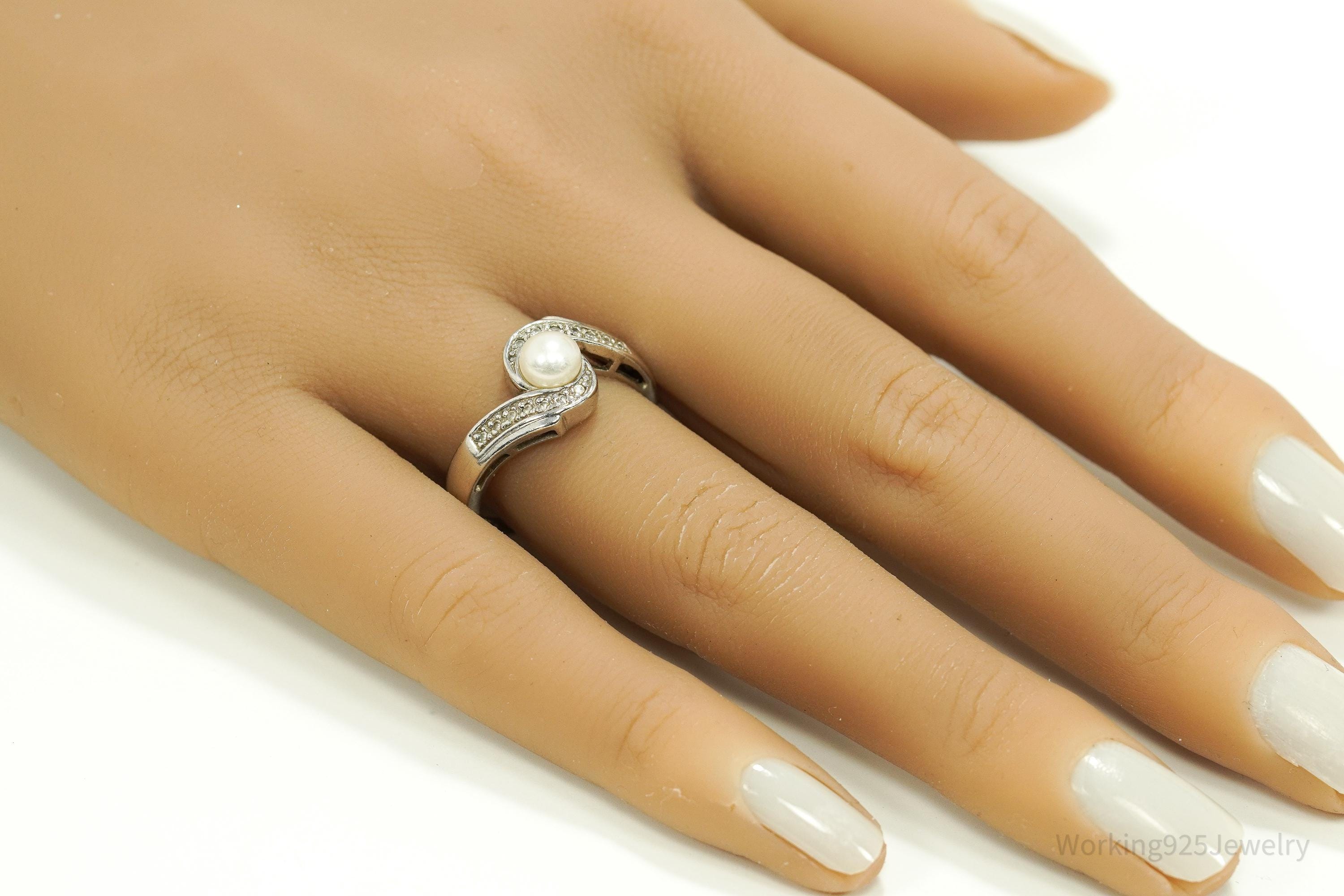 Vintage Pearl & Cubic Zirconia Sterling Silver Ring - Size 8