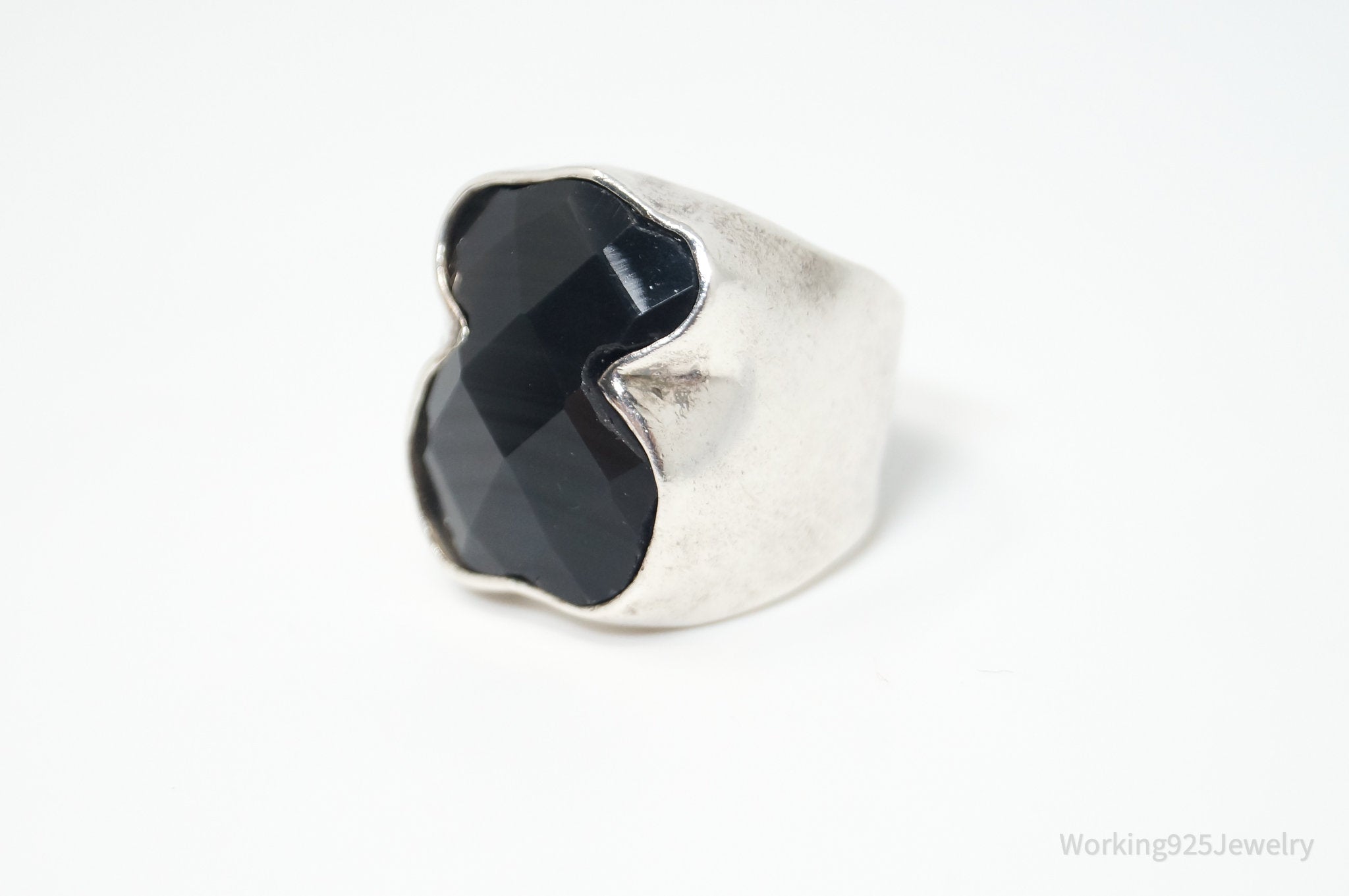 Vintage Large Black Glass 950 Silver Statement Ring - Sz 7.25