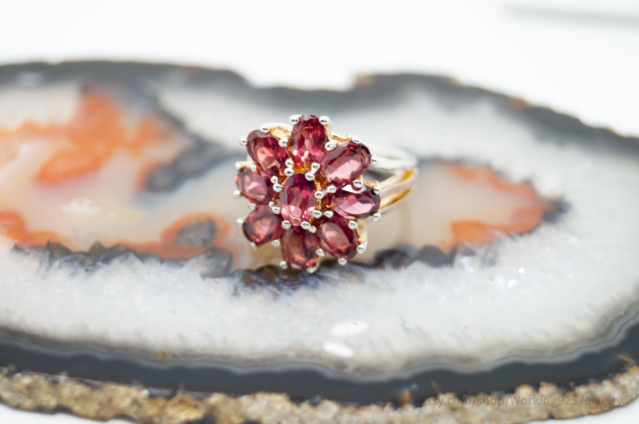 Vtg Art Deco Mid Century Style Garnet Statement Ring Sterling Silver - Size 5.75