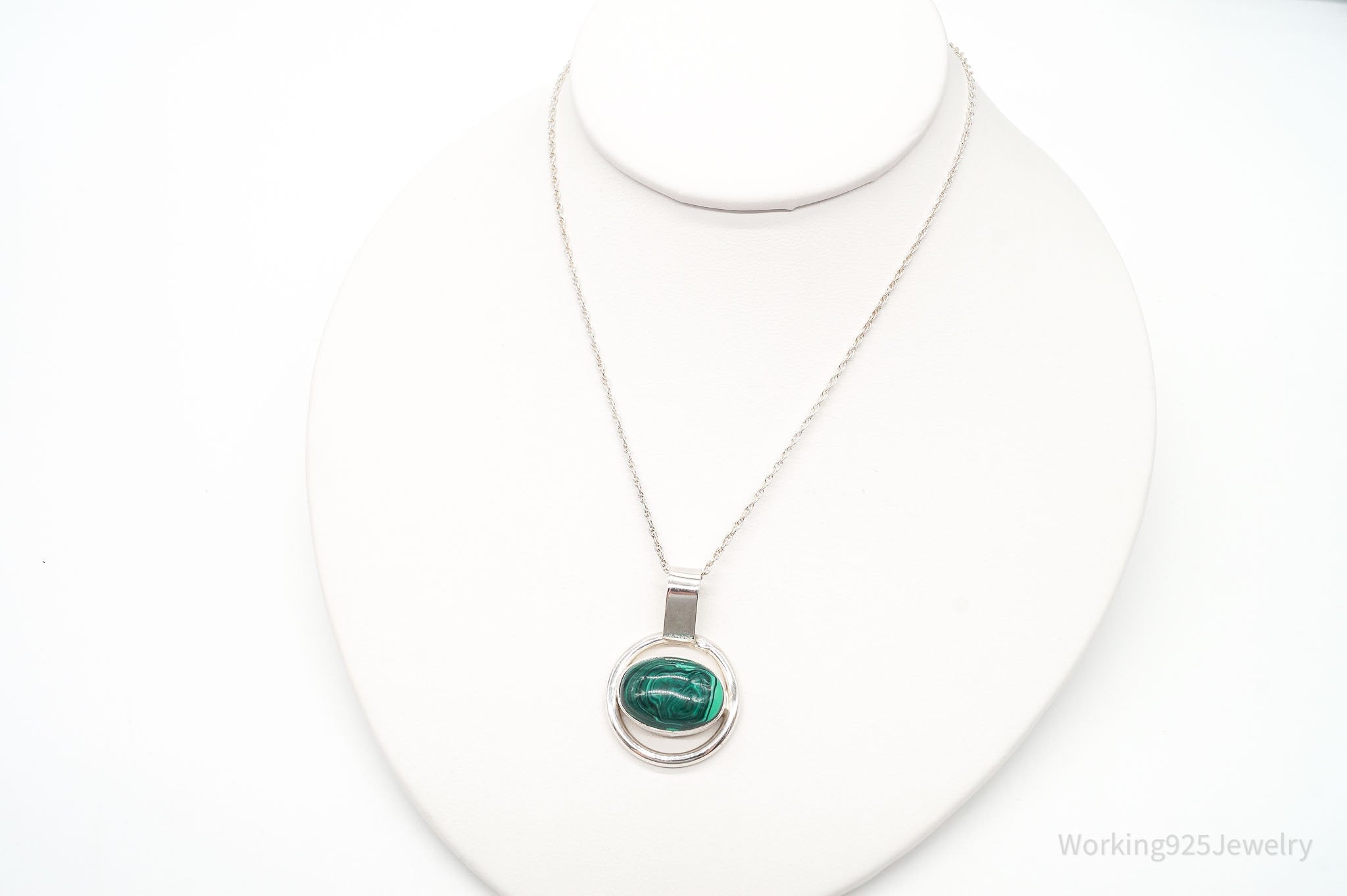 Vintage Mexico Large Malachite Modernist Sterling Silver Necklace